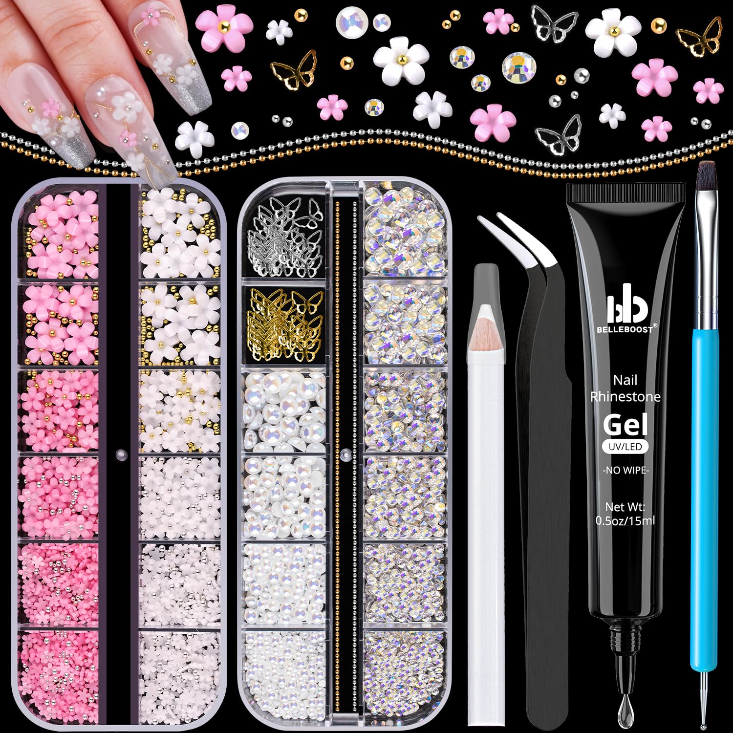 3D Nail Charms Manicure Kit with Nail Rhinestone Glue Gel UV Curing Butterfly White Pink Flower Starry AB