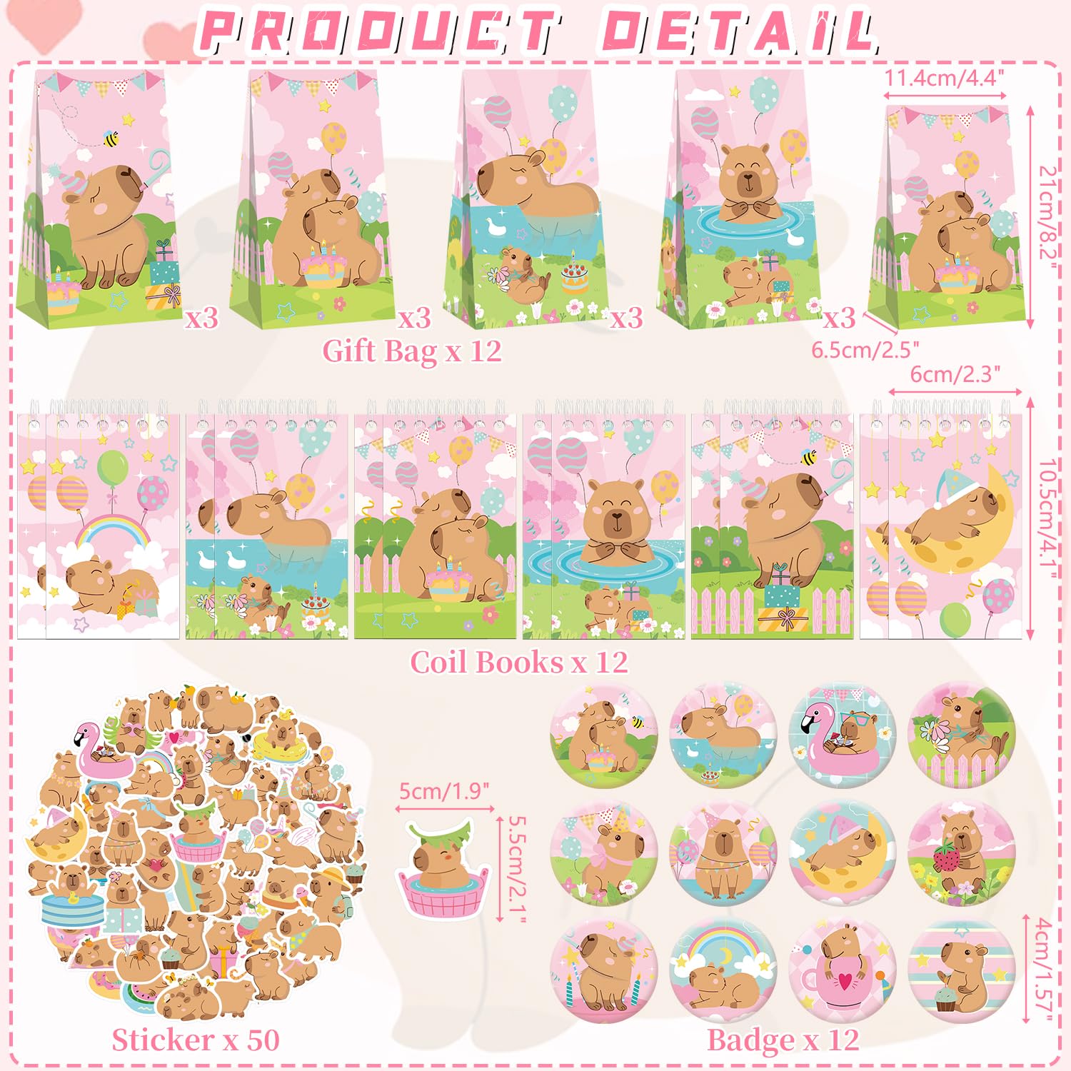 Articoli per feste a tema Capybara rosa, tra cui sacchetti regalo, adesivi, spille e braccialetti per una festa di compleanno a tema Capybara