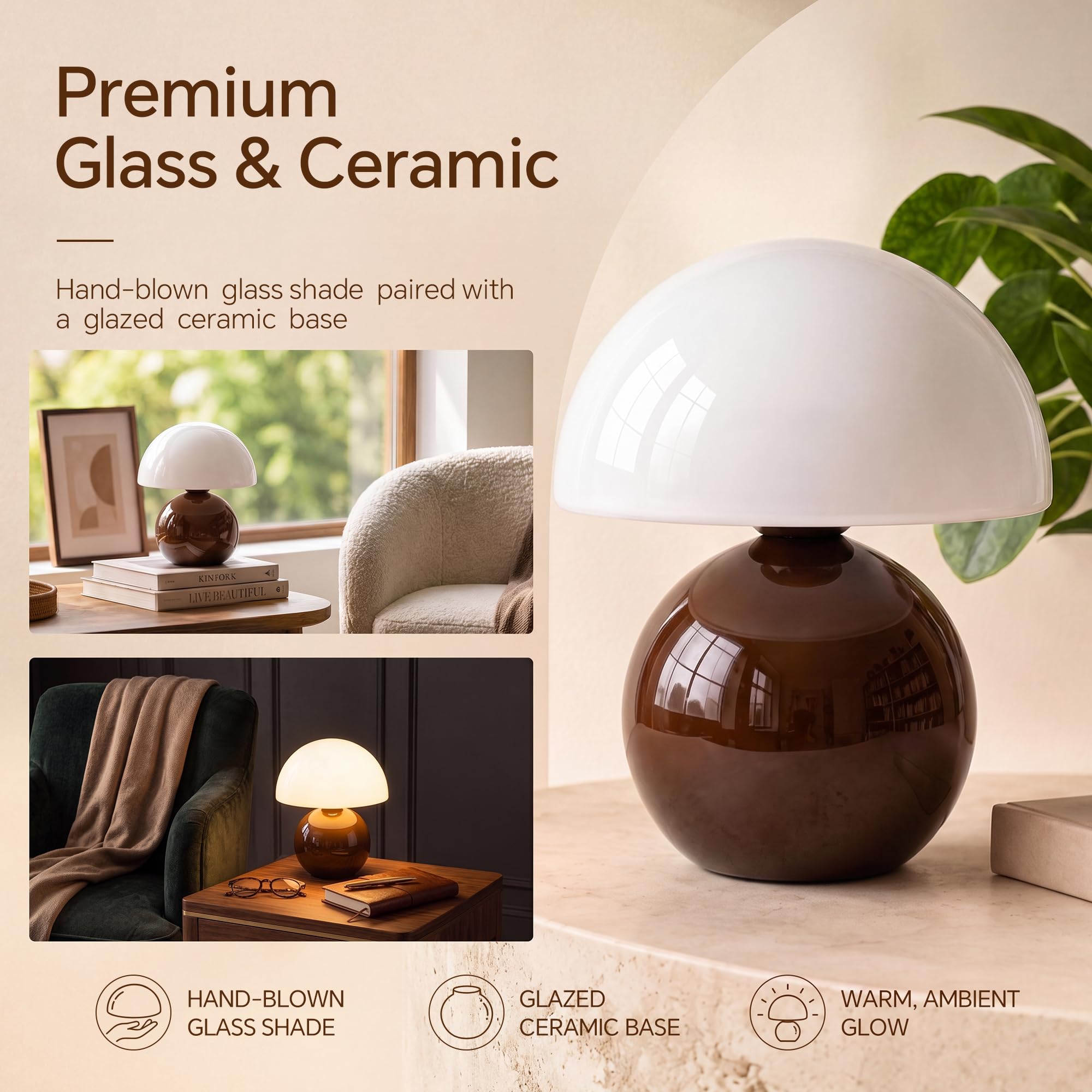 Dawnwake Lampada da comodino a forma di fungo, lampada da tavolo a LED, dimmerabile, decorazione per soggiorno, camera da letto, lampada da tavolo, lampada da tavolo in ceramica, in vetro, piccola