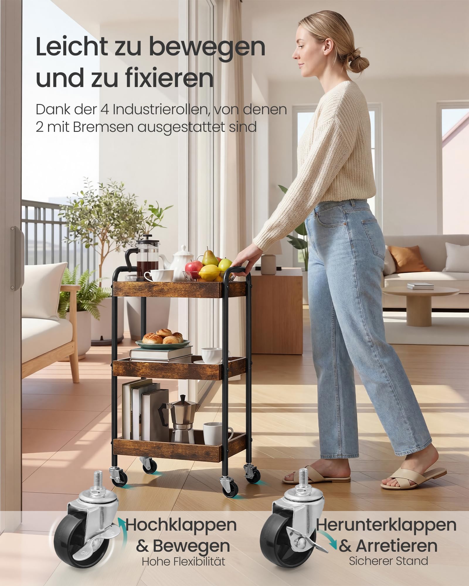SONGMICS Rollwagen, Servierwagen, Küchenwagen, Küchenregal mit Griffen, einfacher Aufbau, für Schlafzimmer, Badezimmer, Küche, Stahlgestell, 27,5 x 41,3 x 73 cm, vintagebraun LRC081KD01