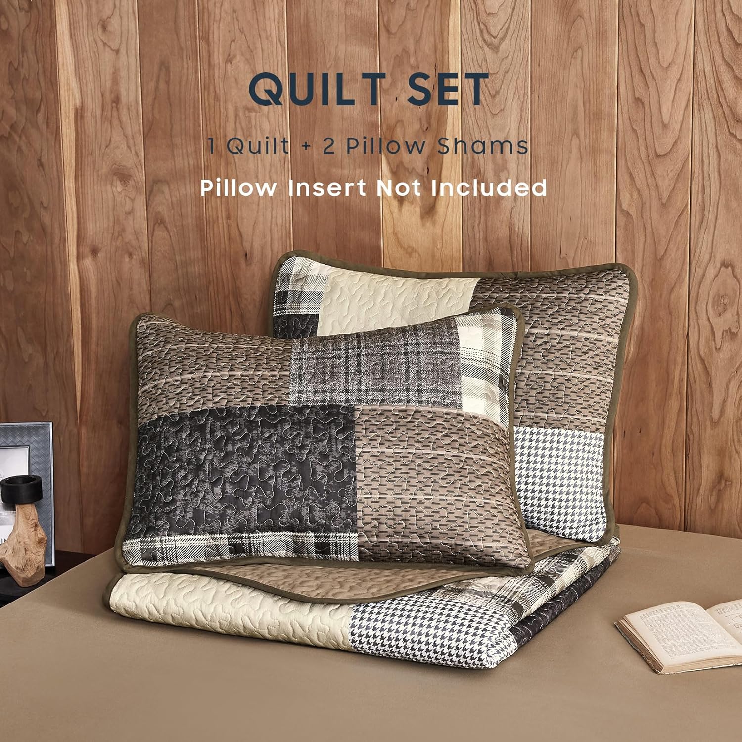 Wake In Cloud - Cabin Quilt Set, Plaid and Patchwork Design for Rustic Farmhouse Country Lodge, Reversible Lightweight Bedspread Coverlet, 3 Pieces, Taupe Brown, Queen/Full Size