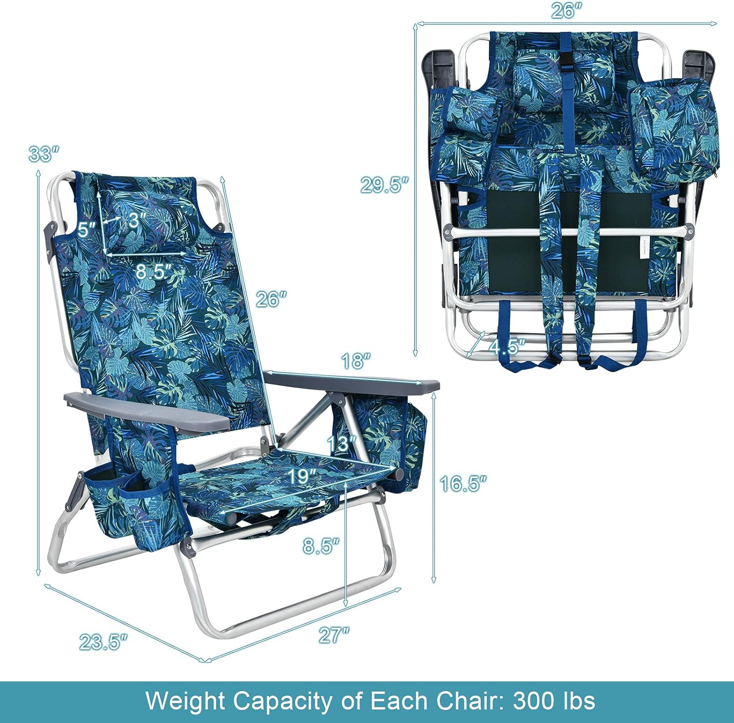 GYMAX Beach Chairs, Backpack Camping Chair with Armrest, Cooler Bag, Cup Holder, Towel Bar & Side Pockets, Sunbath Sling Tanning Lounge, Folding Layout Chair (Without Table, Blue Leaves)
