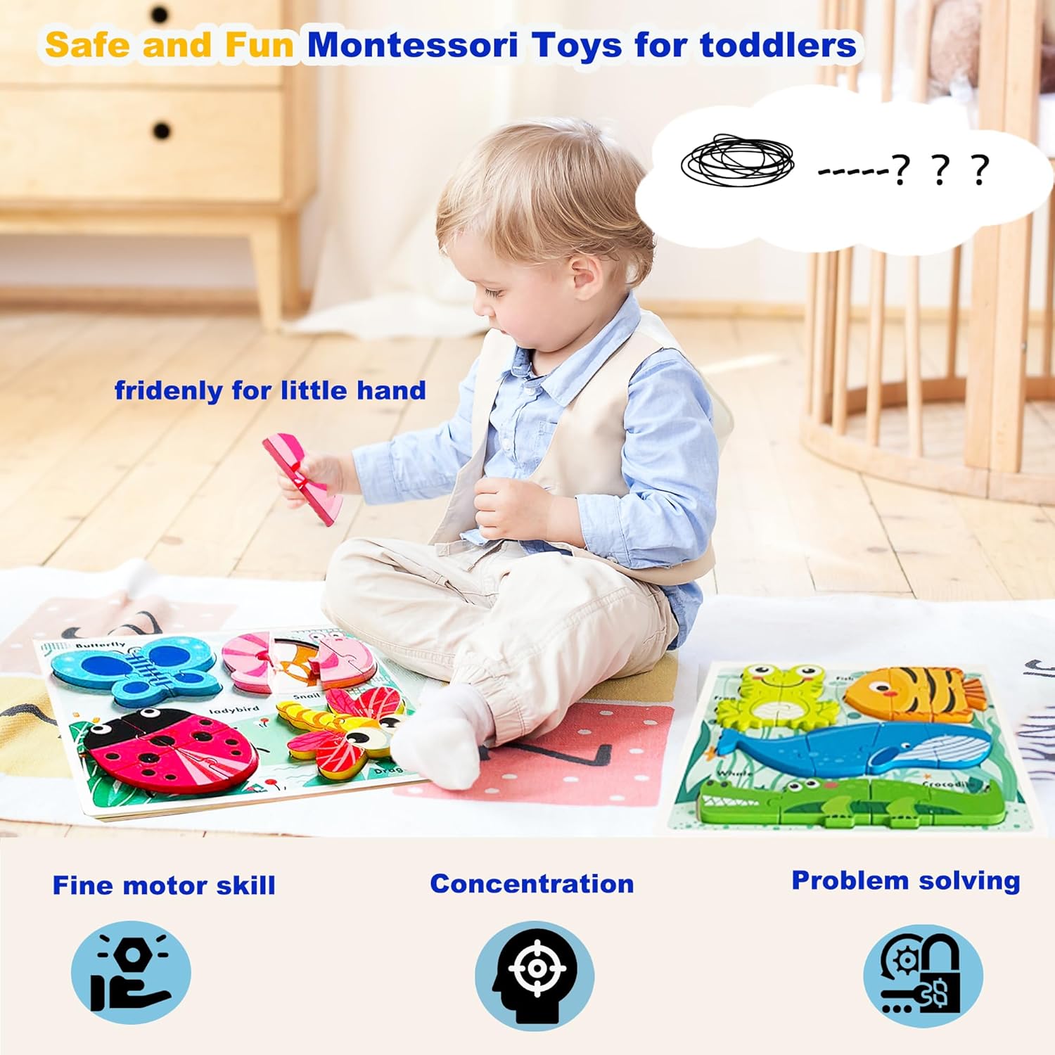 Montessori Toys Puzzle for 18-24 Month, Toddler Educational Wooden Jigsaw, Creature Matching & Sorting & Learning Toys for Ages 2-4