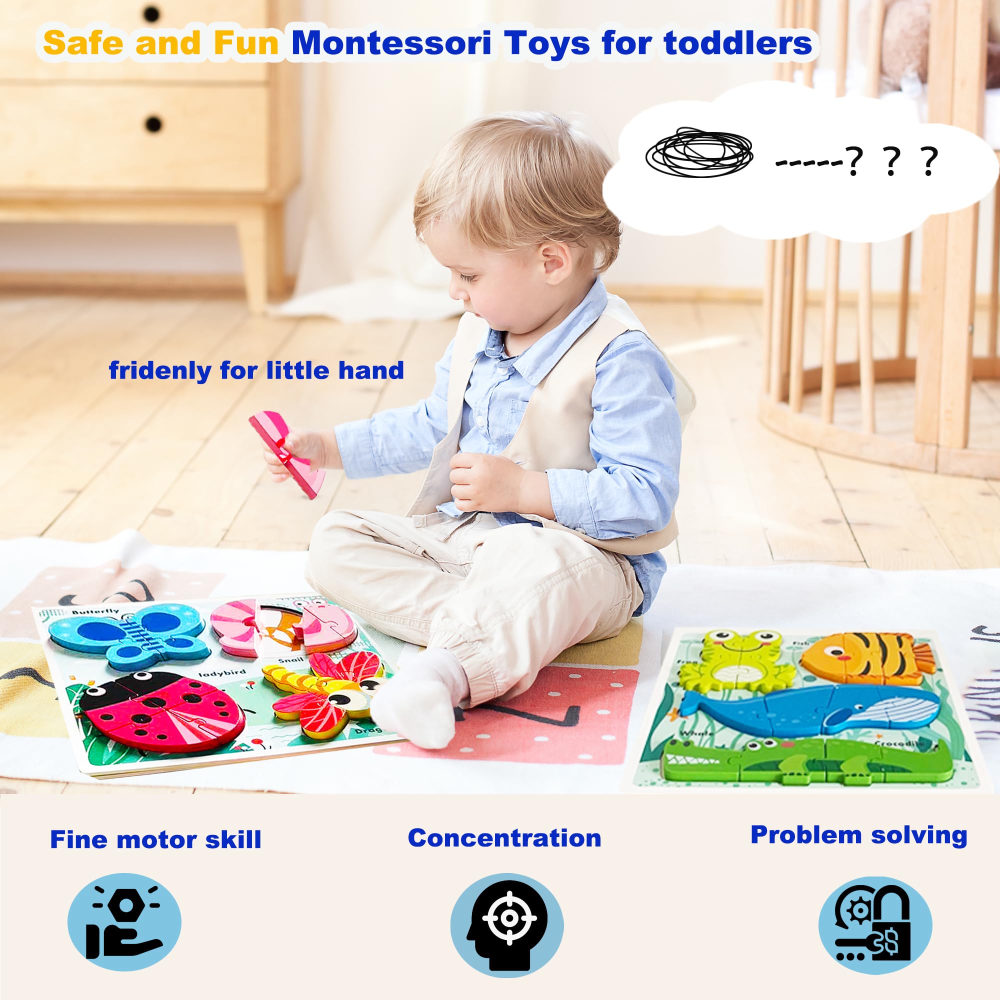 Montessori Toys Puzzle per bambini dai 18 ai 24 mesi, puzzle educativo in legno per bambini, giocattoli abbinati, classificazione e apprendimento per età 2-4 anni