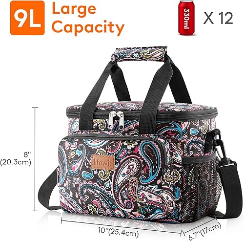 Miniatura 3 de Lifewit Lonchera mediana con aislamiento, suave y refrigerante, para adultos, hombres y mujeres, estampado de cachemira, 12 latas (9L)