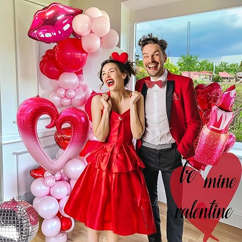 Miniatura 9 de Kit de arco de guirnalda de globos rojos y rosados, más de 130 piezas con arco y flecha XXOO globos en forma de corazón para mujeres y niñas, día de