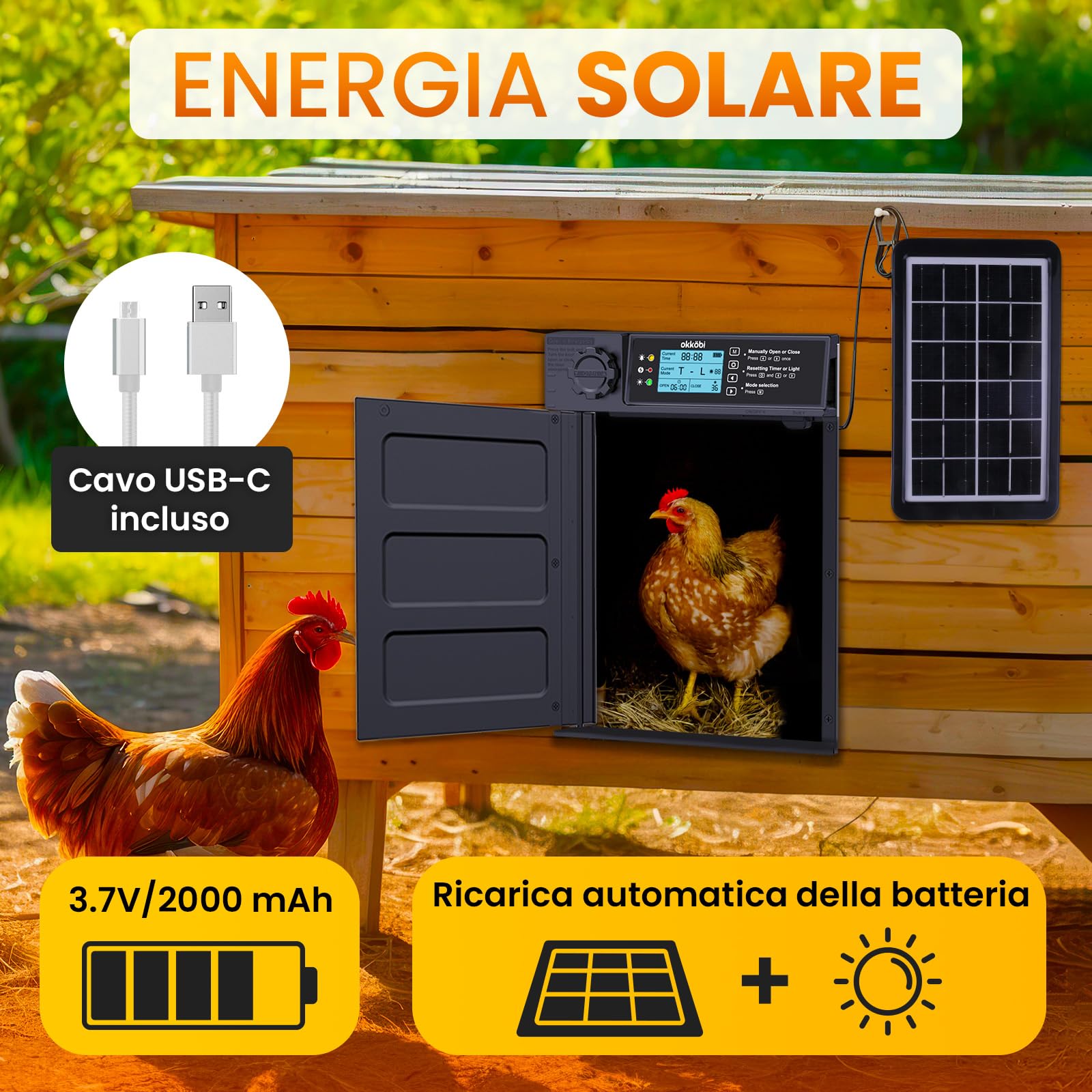 Okkobi Porta Automatica Pollaio Solare - Porta Pollaio con telecomando, Sensore di luce e Timer - Sicurezza e tranquillità: Funzione Antipizzicamento - PRO Version - Display LCD - Protezione di 5 anni