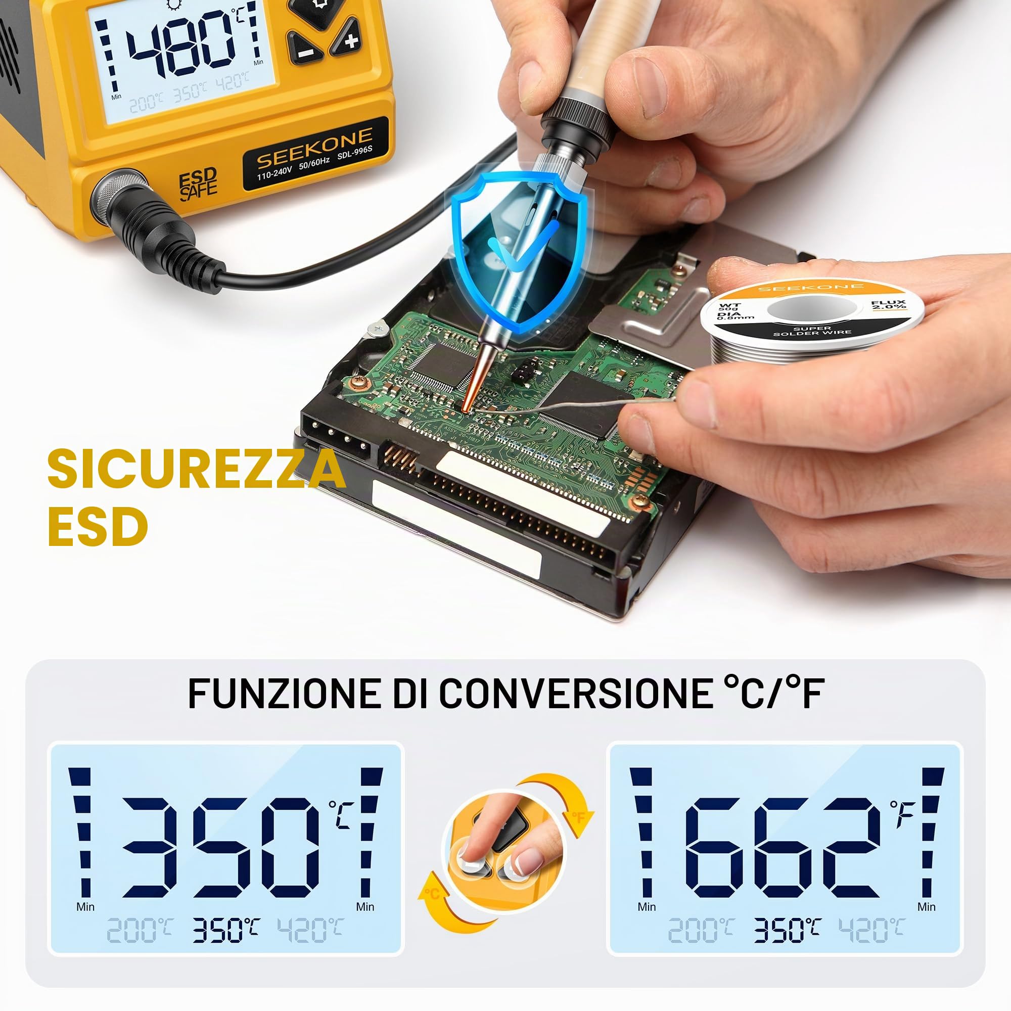 SEEKONE Stazione di Saldatura 60W con Controllo Temperatura 200℃-480℃ con Display LCD, Stazione Saldante Aria Calda con 5 Punte di Saldatura, Funzione Standby, Memoria Power-On