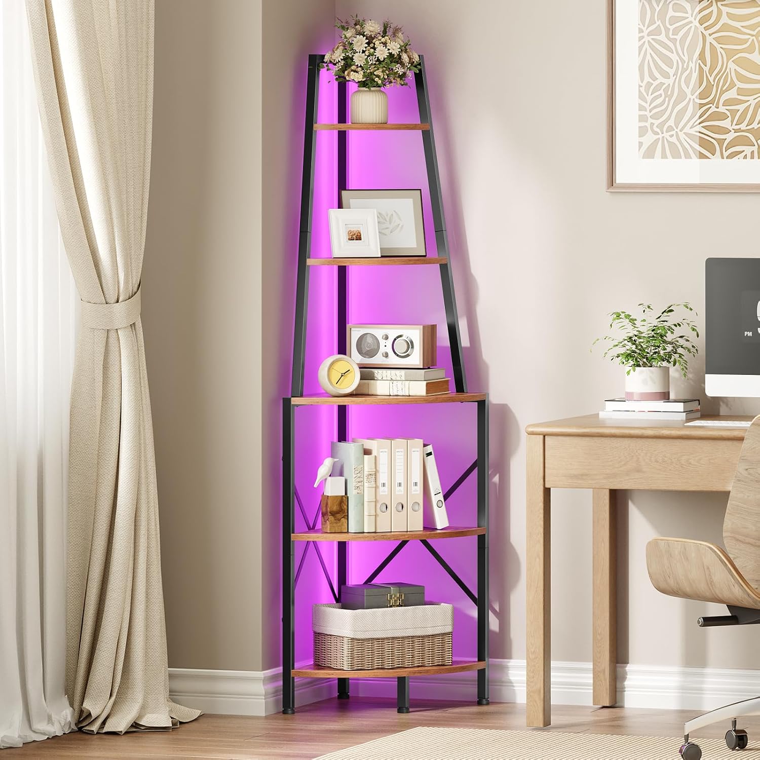 HOOBRO 5-Tier Corner Shelf with Lights, 67.9” Tall Corner Shelf Stand, Industrial Corner Bookshelf, Corner Plant Stand Display Shelf, for Living Room, Kitchen, Home Office, Rustic Brown BF120DCJ01