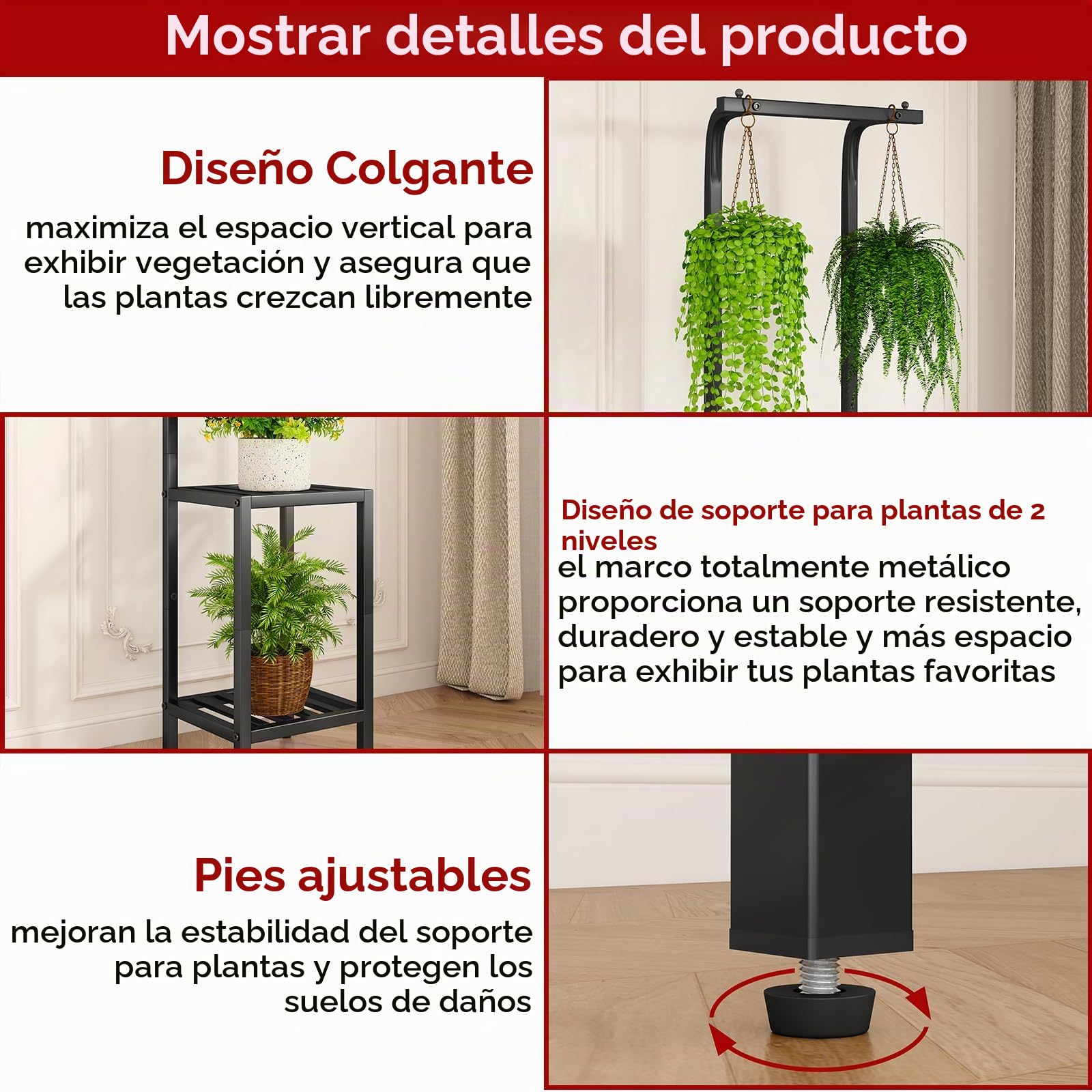IBUYKE 170cm de Alto Soporte para Plantas para Interior, 3 Niveles de Metal Colgante Estante para Flores, Estantería para Plantas Soporte para Flores para Salón Balcón Jardín, Negro TMJ076B