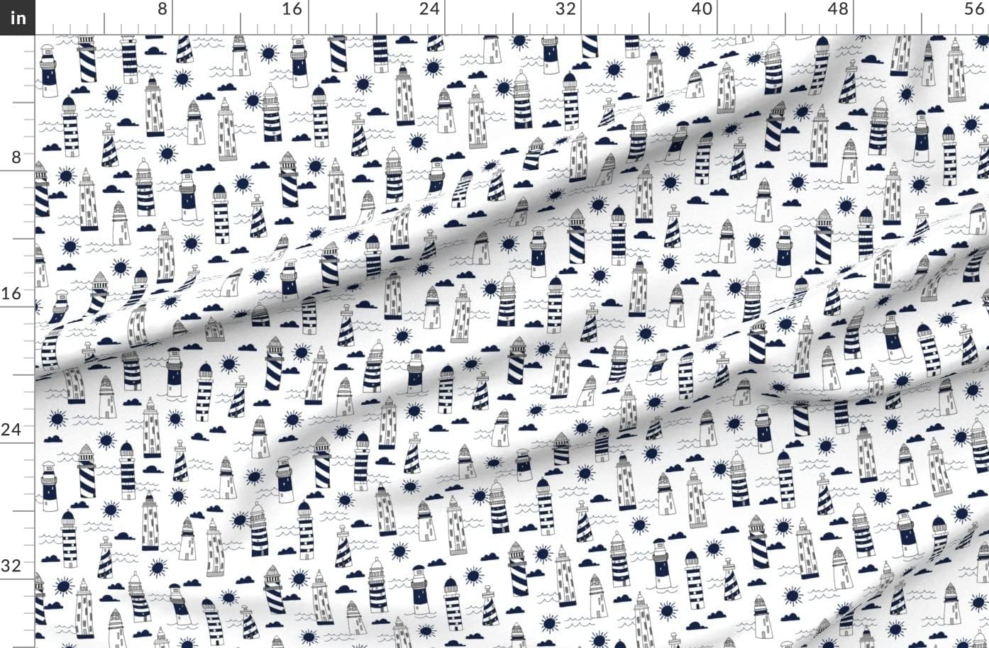 Spoonflower Fabric - Navy White Summer Nautical Ocean Sea Lighthouse Kids Printed on Organic Cotton Sateen Fabric by The Yard - Sewing Quilting Apparel Home Decor