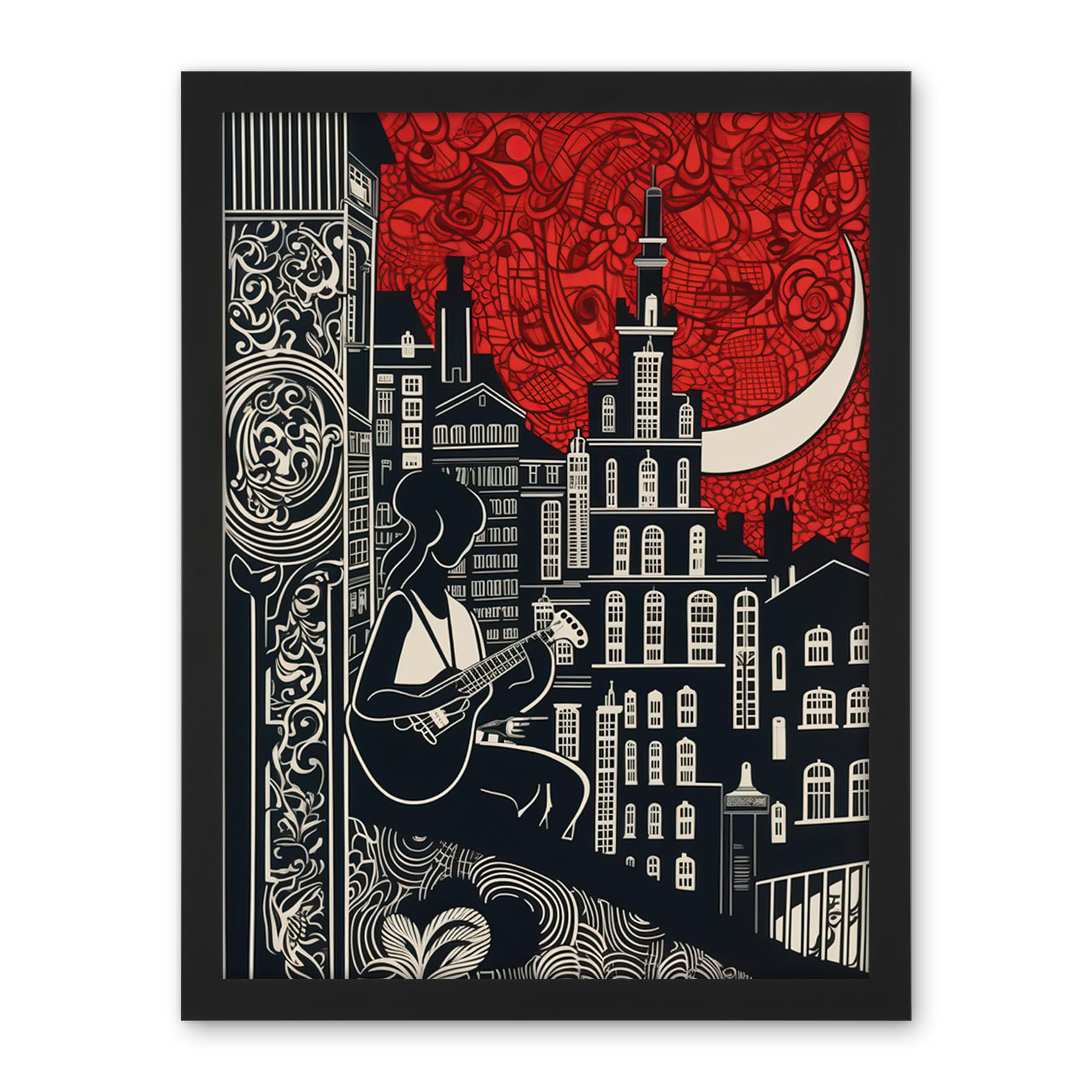 Artery8 Street Musician Guitarist in Edinburgh Cityscape Artwork Framed Wall Art Print 18X24 Inch