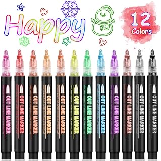 Double Line Outline Markers 12 Colors Super Squiggles Glitter Self Outline Metallic, Doodle Shimmer Drawing Pens for Christmas Greeting Card, Birthday Gift, DIY Art Crafts