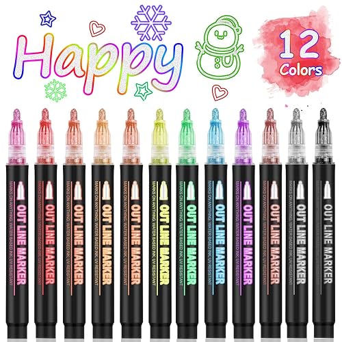 Double Line Outline Markers 12 Colors Super Squiggles Glitter Self Outline Metallic, Doodle Shimmer Drawing Pens for Christmas Greeting Card, Birthday Gift, DIY Art Crafts - 12 Color