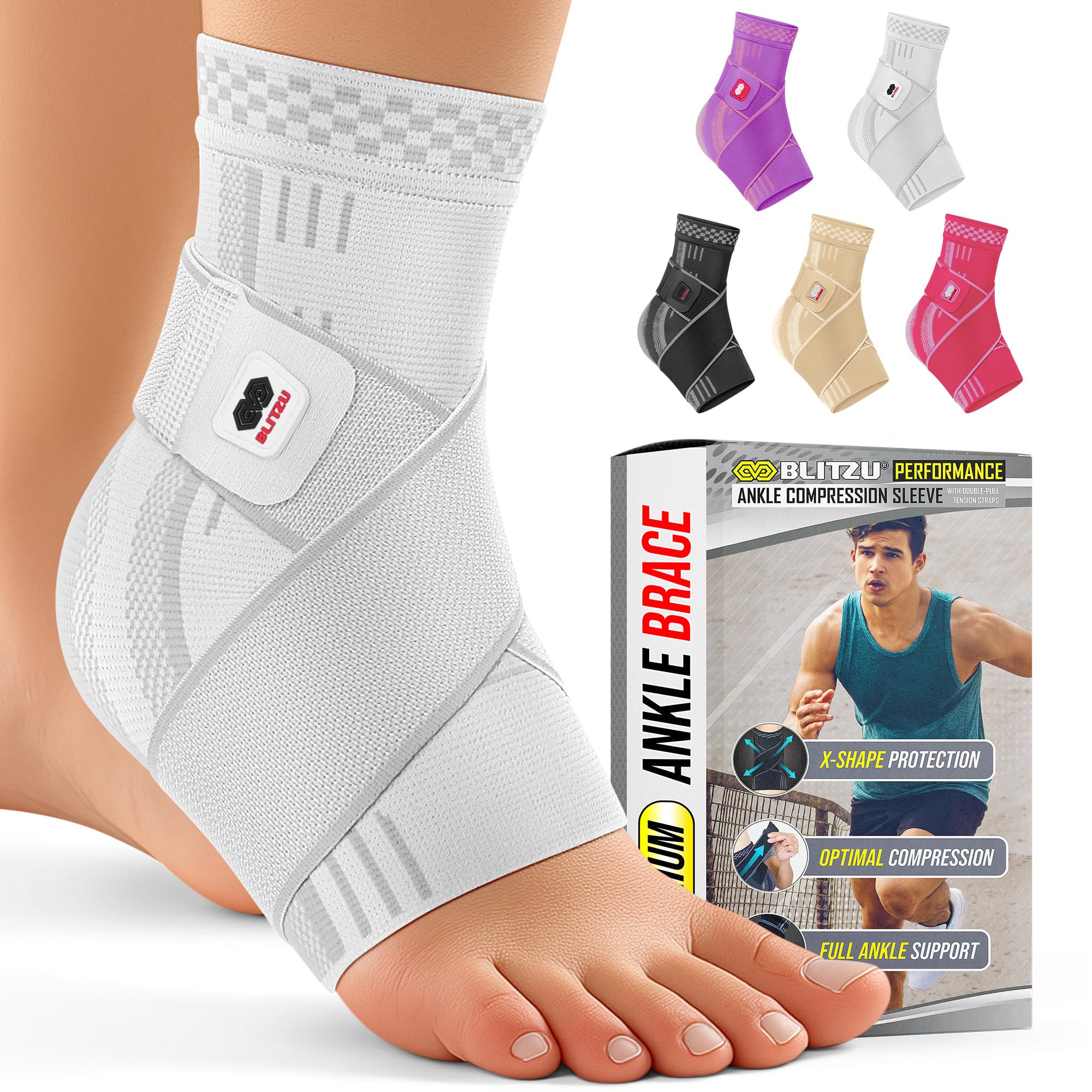 Ankle Brace for Women, Men, Plantar Fasciitis Relief, Achilles Tendonitis Brace for Sprained Foot, Ankle Compression Sleeve with Strap White M