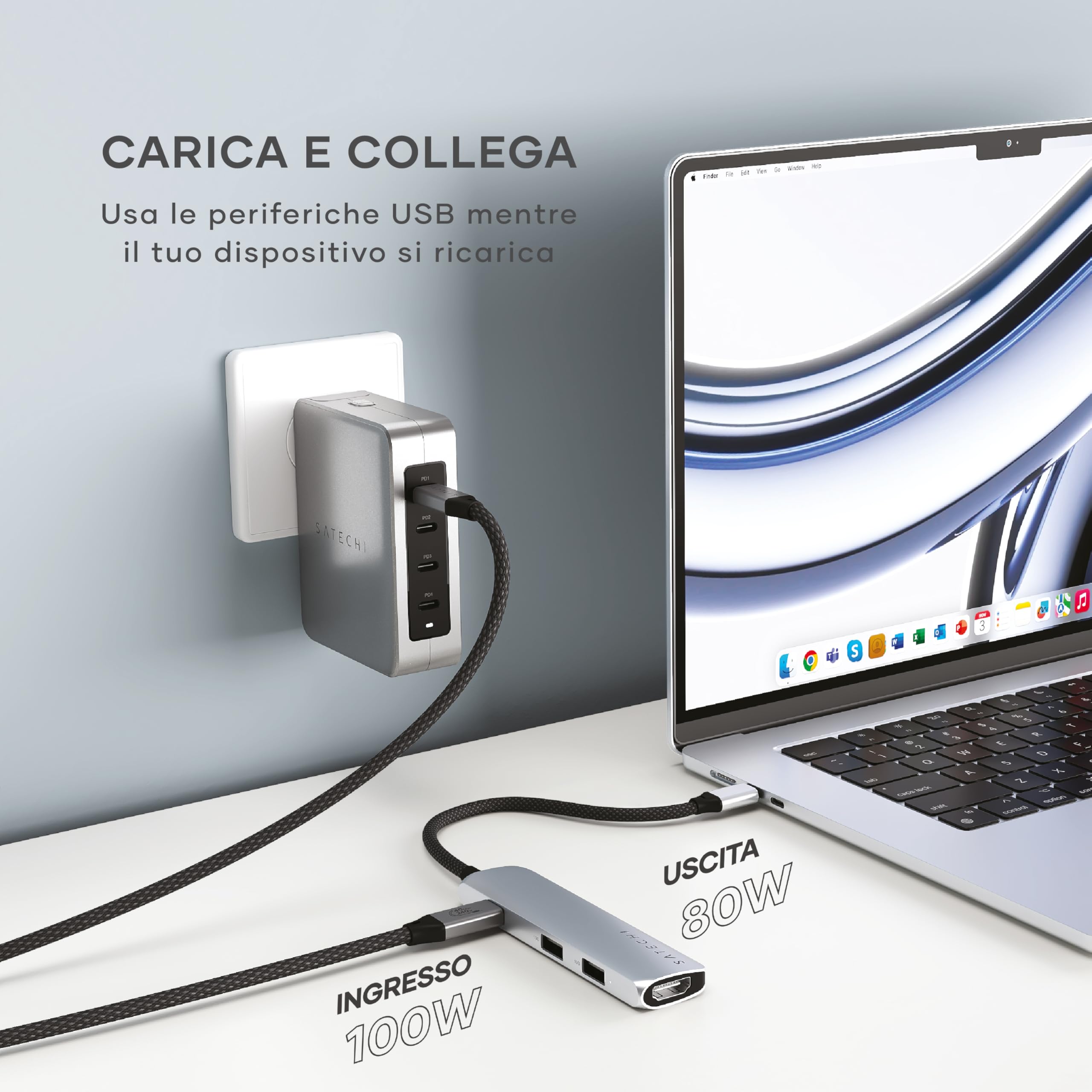 SATECHI Hub USB C 4 in 1 Slim Plus, PD 100W, HDMI 4K, Argento | 2x Porte USB-A 10Gbps, video 4K@60Hz, per MacBook Air/Pro/Neo, laptop Windows e altro