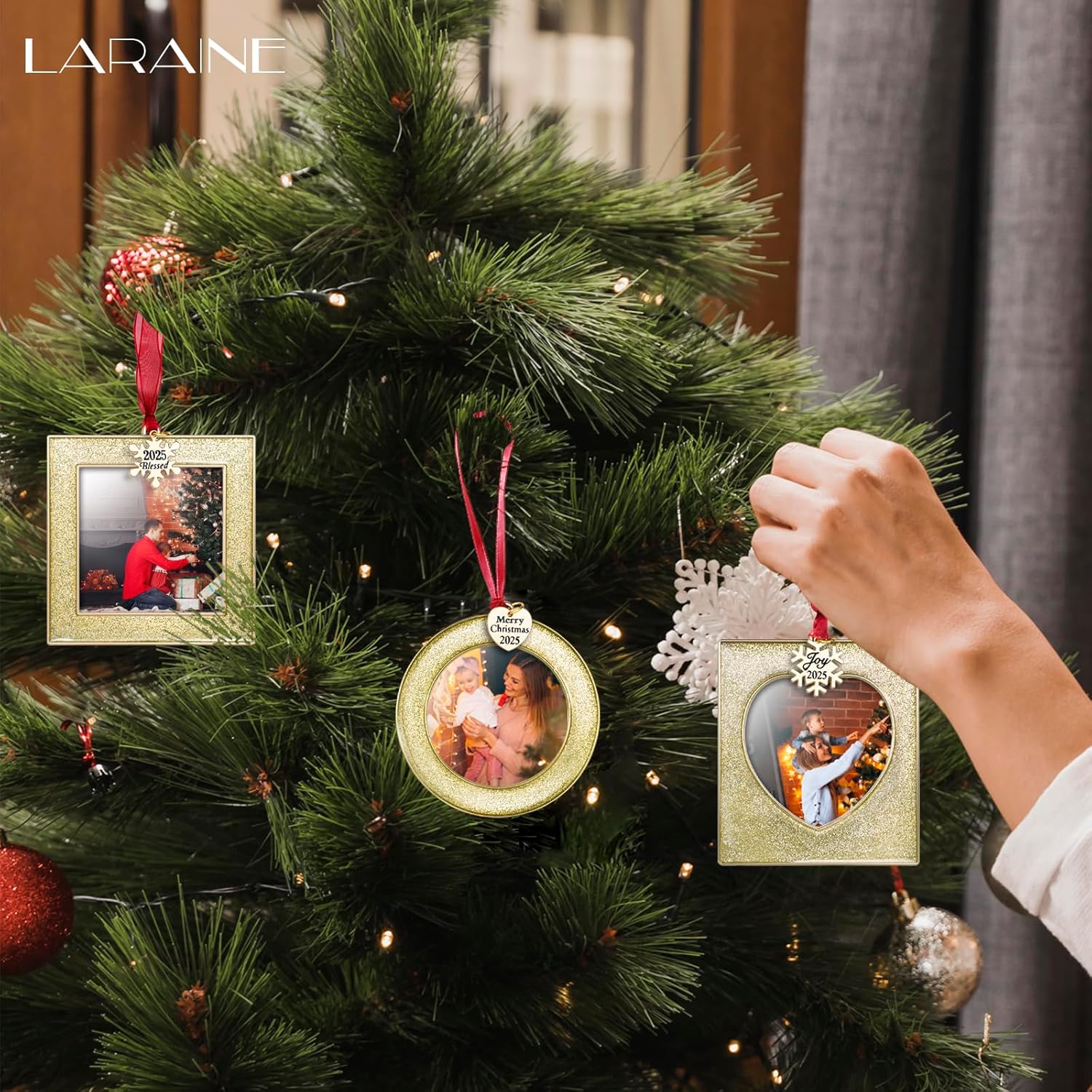 Laraine Christmas Tree Ornaments 3 Pieces – Decorative Hanging 2025 Pendant with 2.5” Picture Frame Insert Pet Holiday Keepsake Gift (Gold (2025))