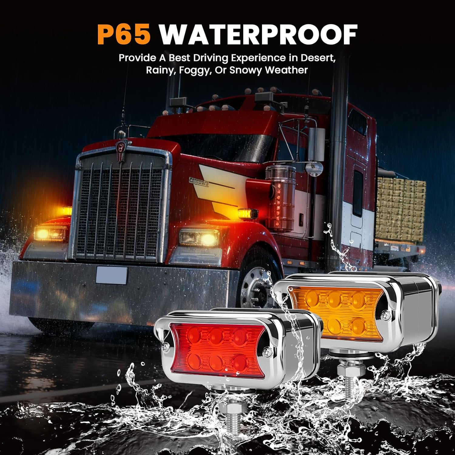 2PCS Dual Revolution Amber/Red Pedestal Fender Lights, 12 LED Semi Truck Turn Signal Marker Strobe Lights, Double Face Bumper Lights for Freightliner Peterbilt Kenworth Mack Western Star