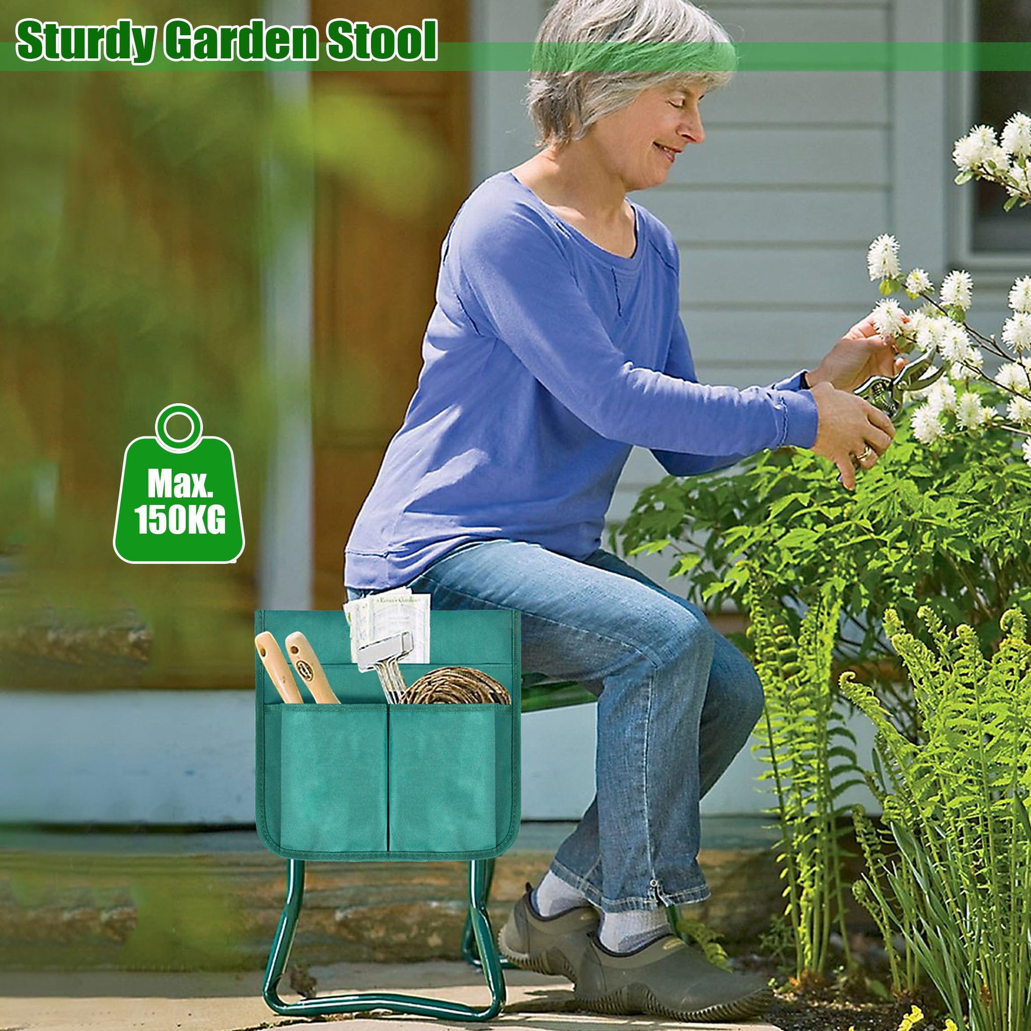 Repose-genoux 2 en 1 - Pour le jardinage - Pliable - Jusqu'à 150 kg - Avec protection des genoux - Coussin en mousse et sac à outils - Portable - Pour le jardinage - Vert