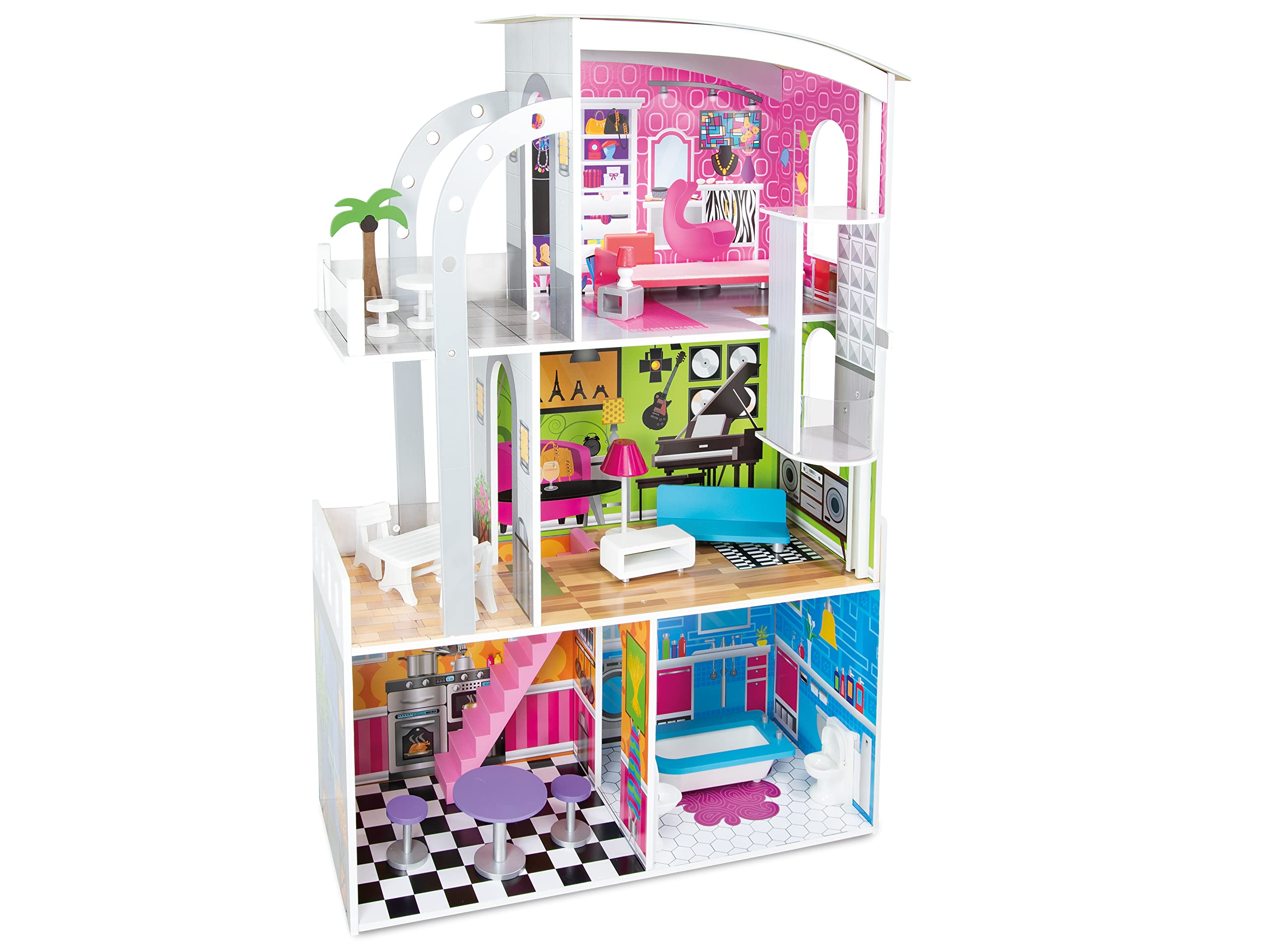 Teorema 40642 - Casa per le bambole Tema Hollywood, 4 stanze, con Accessori in legno, Ascensore Manuale, Altezza 110cm
