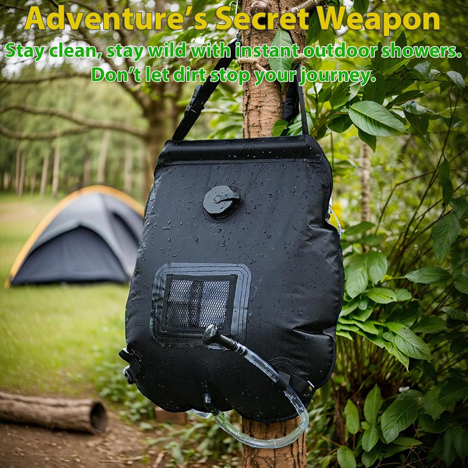 solar shower bag 20l hanging from tree - portable camping shower bag