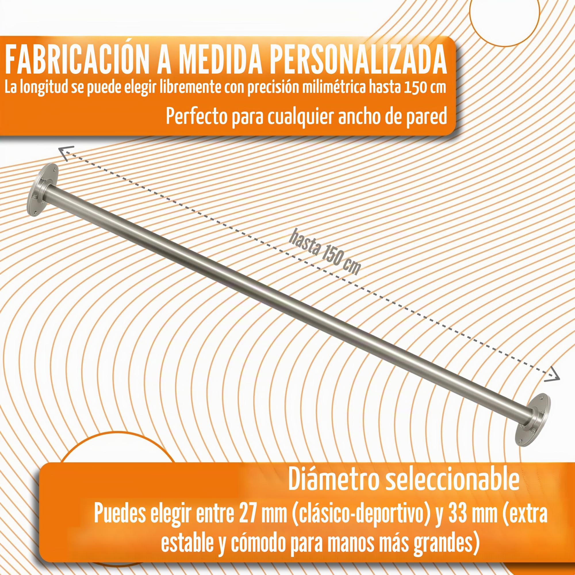 Barra de dominadas de acero inoxidable para montaje en pared; Fabricación a medida hasta 150 cm Incluye kit de fijación · Ideal para pasillo, casa, apartamento, oficina o gimnasio en casa