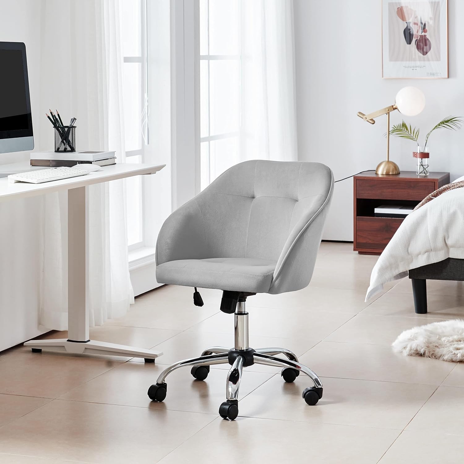 Topeakmart Desk Chair Velvet Office Chair Metal Base Upholstered Task Chair 360° Swivel Height Adjustable with Armrest Computer Chair Modern Makeup Chair Accent Vanity Chair Light Gray