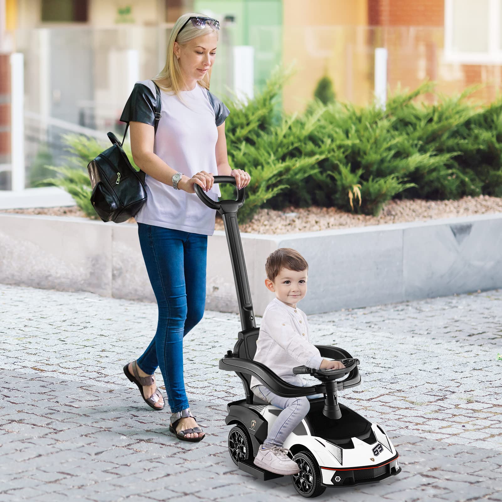 COSTWAY 3 en 1 Correpasillos para Niños Lamborghini, Coche de Empuje con Asa, Volante, Barandilla Desmontable, Caja de Almacenamiento, Función de Bocina, para Niños de 12-36 Meses (Blanco)