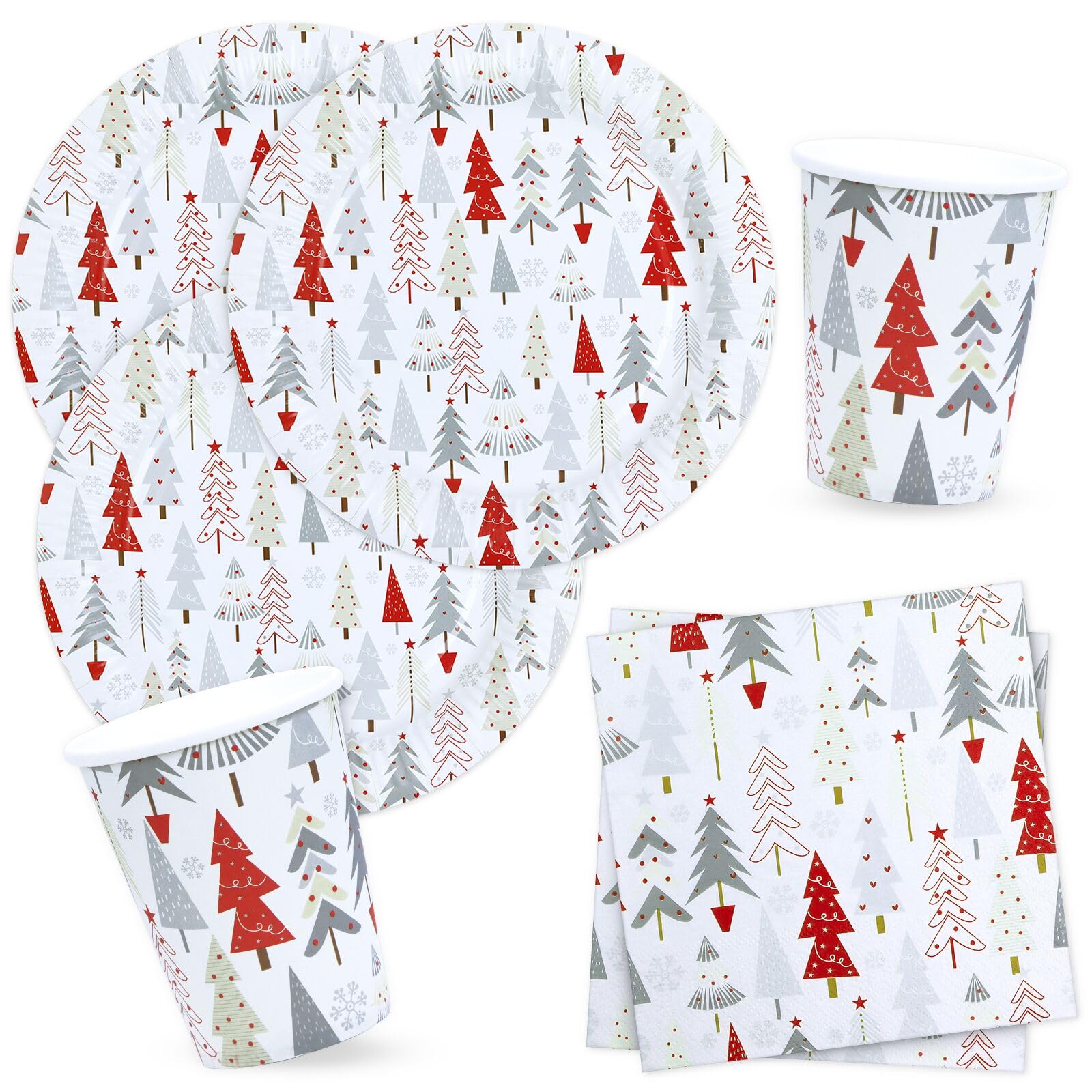 BFB Weihnachten Pappteller Servietten und Pappbecher Set Weihnachtsbaum Weiß für 16 Personen Weihnachtsgeschirr