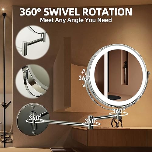 Miniatura 6 de Espejo de maquillaje iluminado de pared de 9 pulgadas con aumento, espejo de aumento 1X10X con luz, LED de 3 colores regulable 2000 mAh recargable