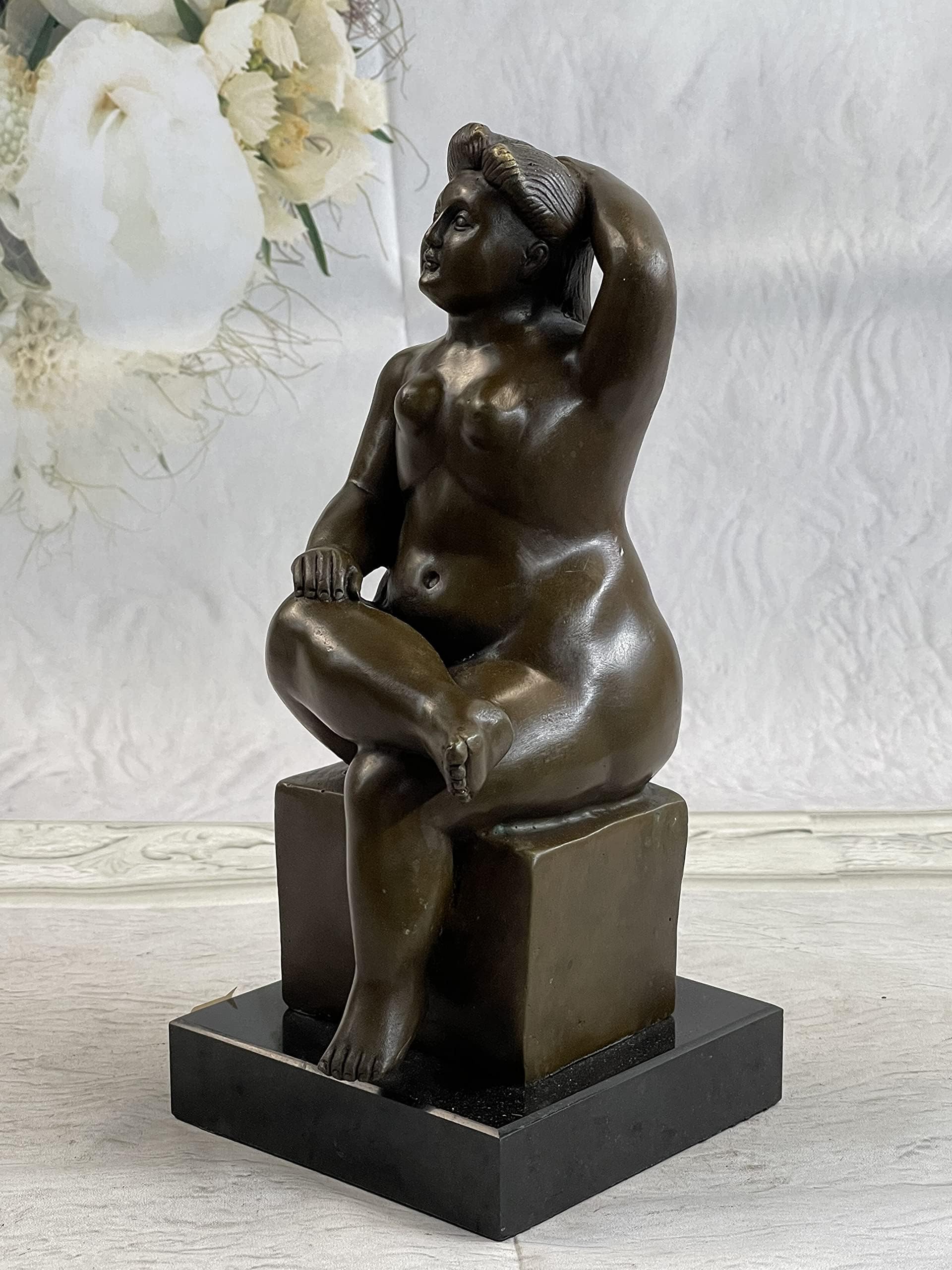 EUROPEAN BRONZE Botero Full Figure Sculpture Finery Brown Statue Art Nude Woman