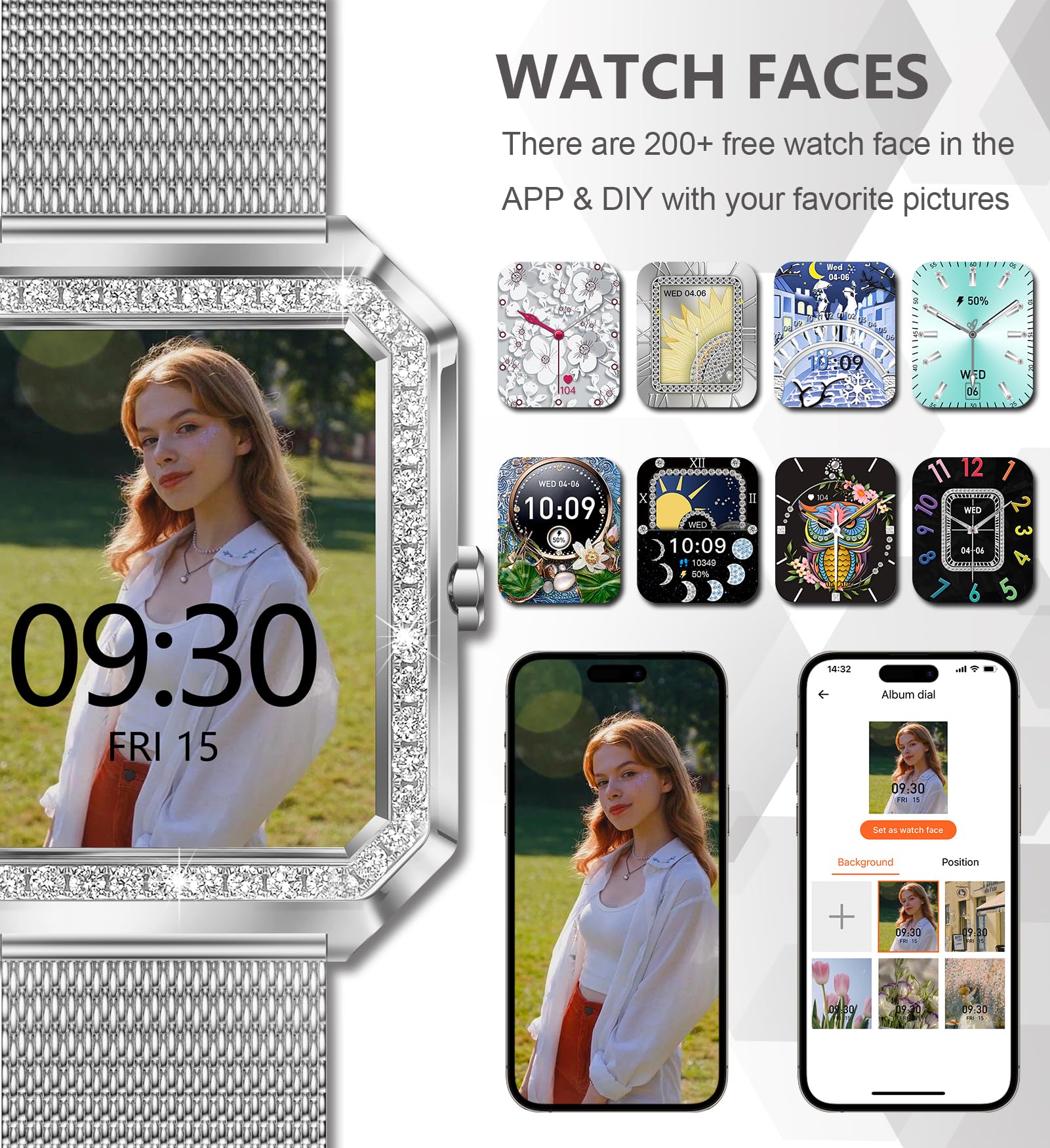 Iaret Reloj Inteligente Mujer con Llamada,1.59" Impermeable Diamante Smartwatch con Seguimiento Menstrual Pulsómetro SpO2 Monitor Sueño Presión Arterial Reloj Podómetro para Android iOS, Regalo Mujer