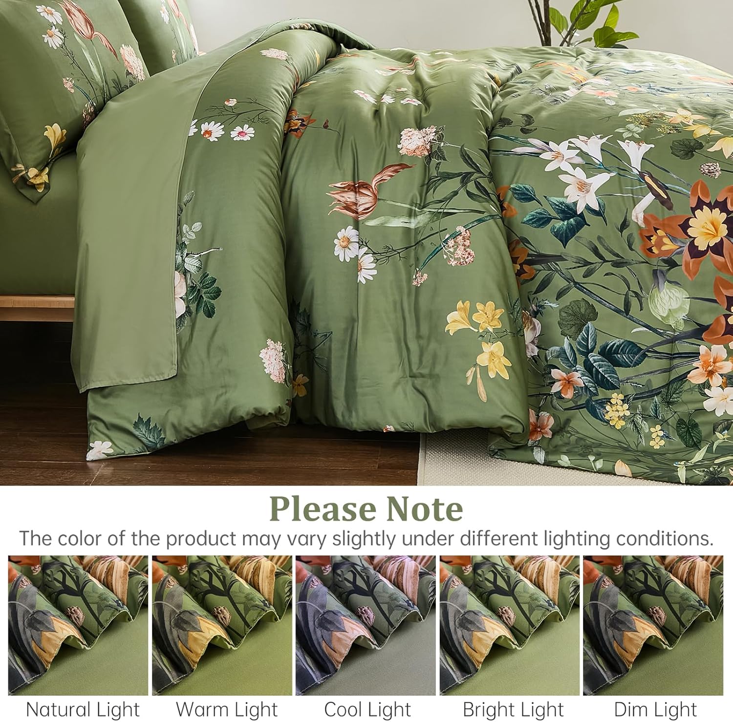 WONGS BEDDING Green Floral Comforter Set Queen, 7 Piece Bed in a Bag Bedding Set with Botanical Flowers Patterns, Soft Lightweight Complete Comforters with Sheets for All Season