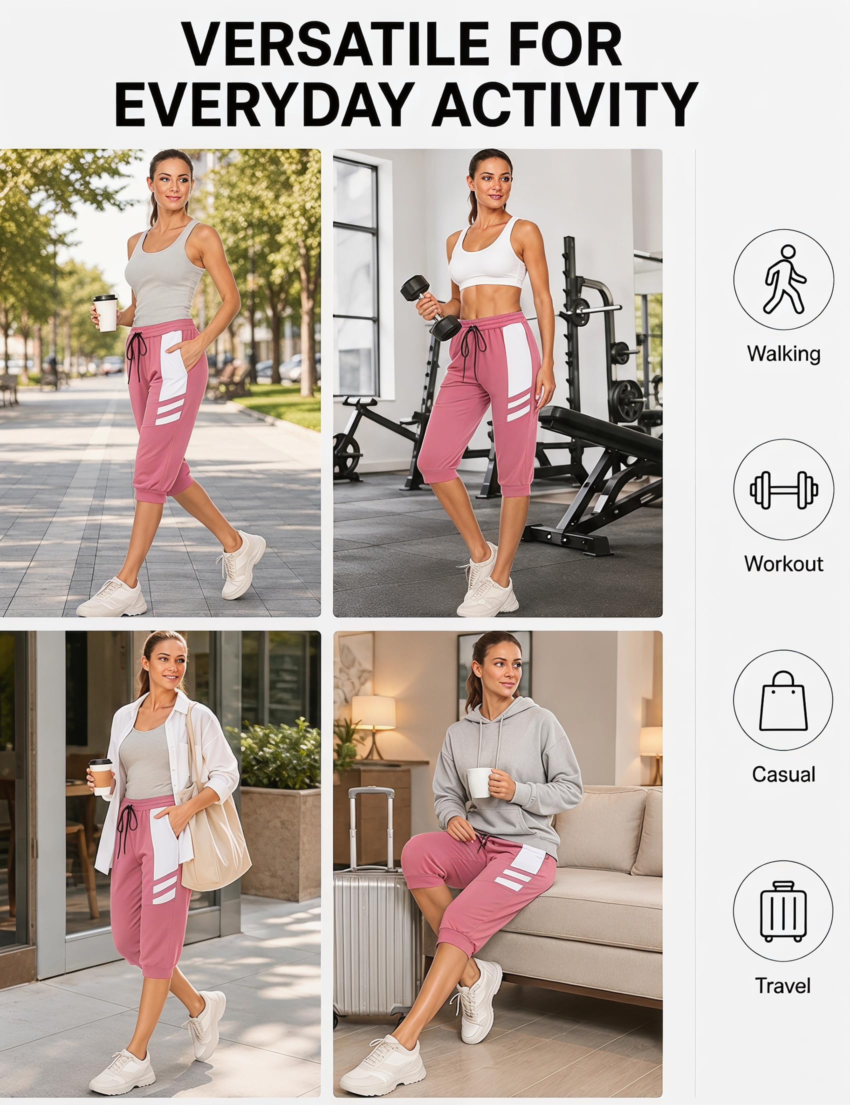 Terecey Jogginghose Damen Baumwolle Sporthose 3/4 Trainingshose Damen Caprihose Sommer Laufhose mit Taschen Freizeithose Sweathose für Jogger Frauen