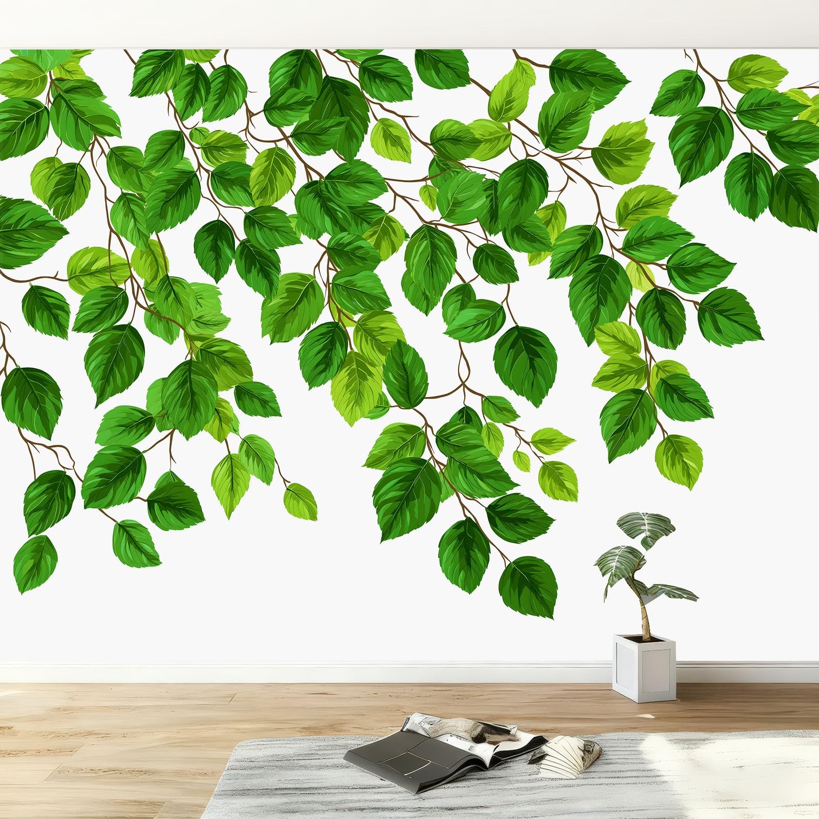 Tapeta, zdjęcie, minimalistyczne liście roślin, 300 x 210 cm, murale, duże tło telewizyjne, sztuka ścienna, biała dekoracja ścienna do salonu, sypialni, luksusowy plakat artystyczny na ścianę