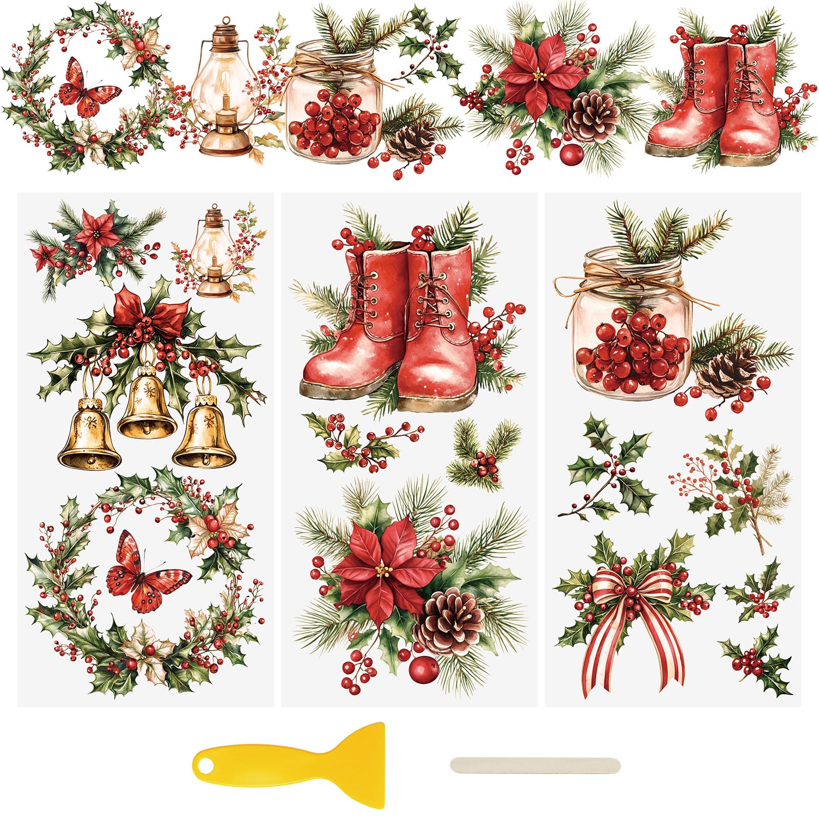 WANDIC 3 Sheets Christmas Elements UV DTF Cup Wraps,Berries UV Bottle Wraps Wreath Window Stickers Red Flower Cup Decals Transfers for Furniture,15 * 30cm