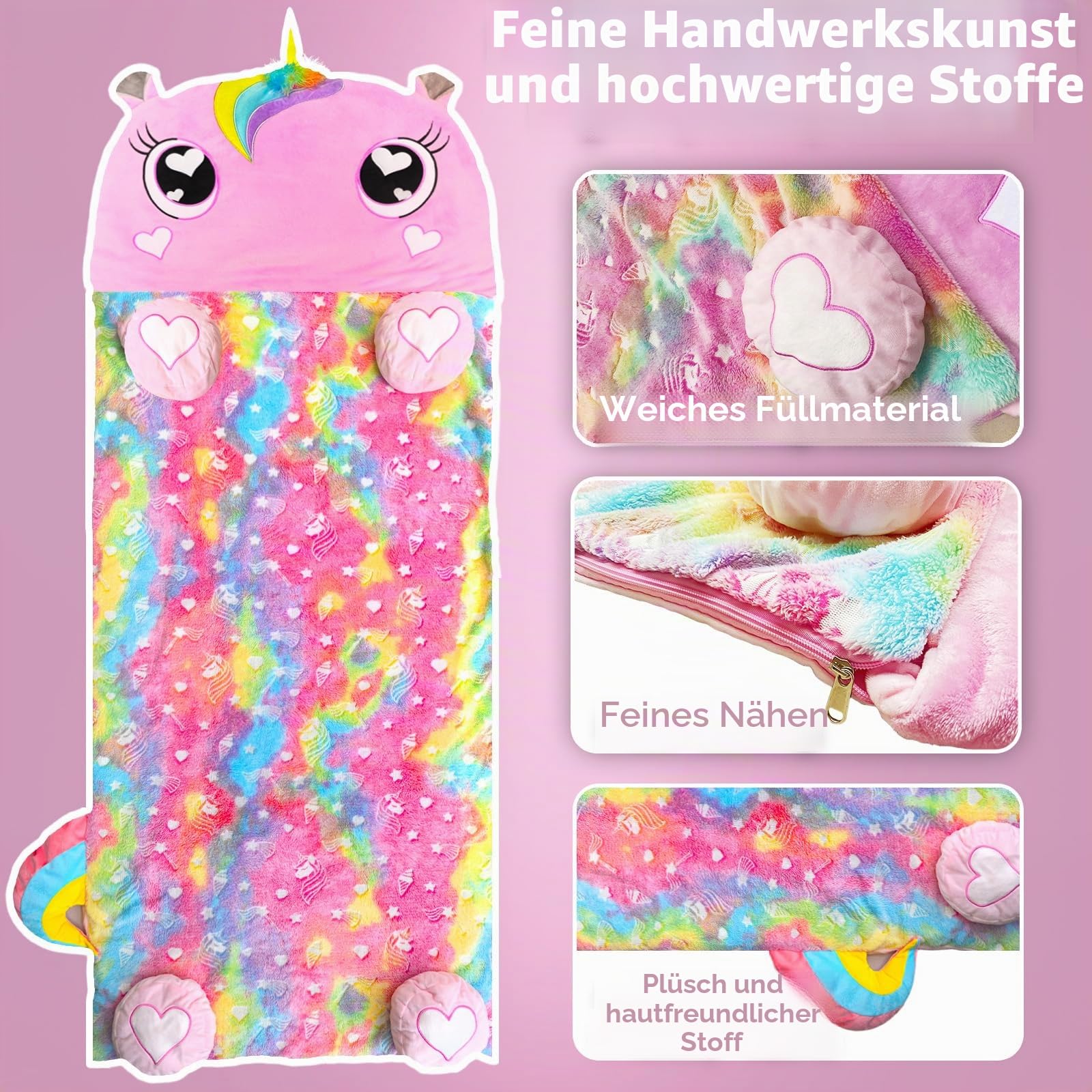 Kinder-Schlafsack Unicorn Slumber Bag für Mädchen und Jungen, tragbare Kleinkind-Schlafmatte, 3–12 Jahre, Rosa