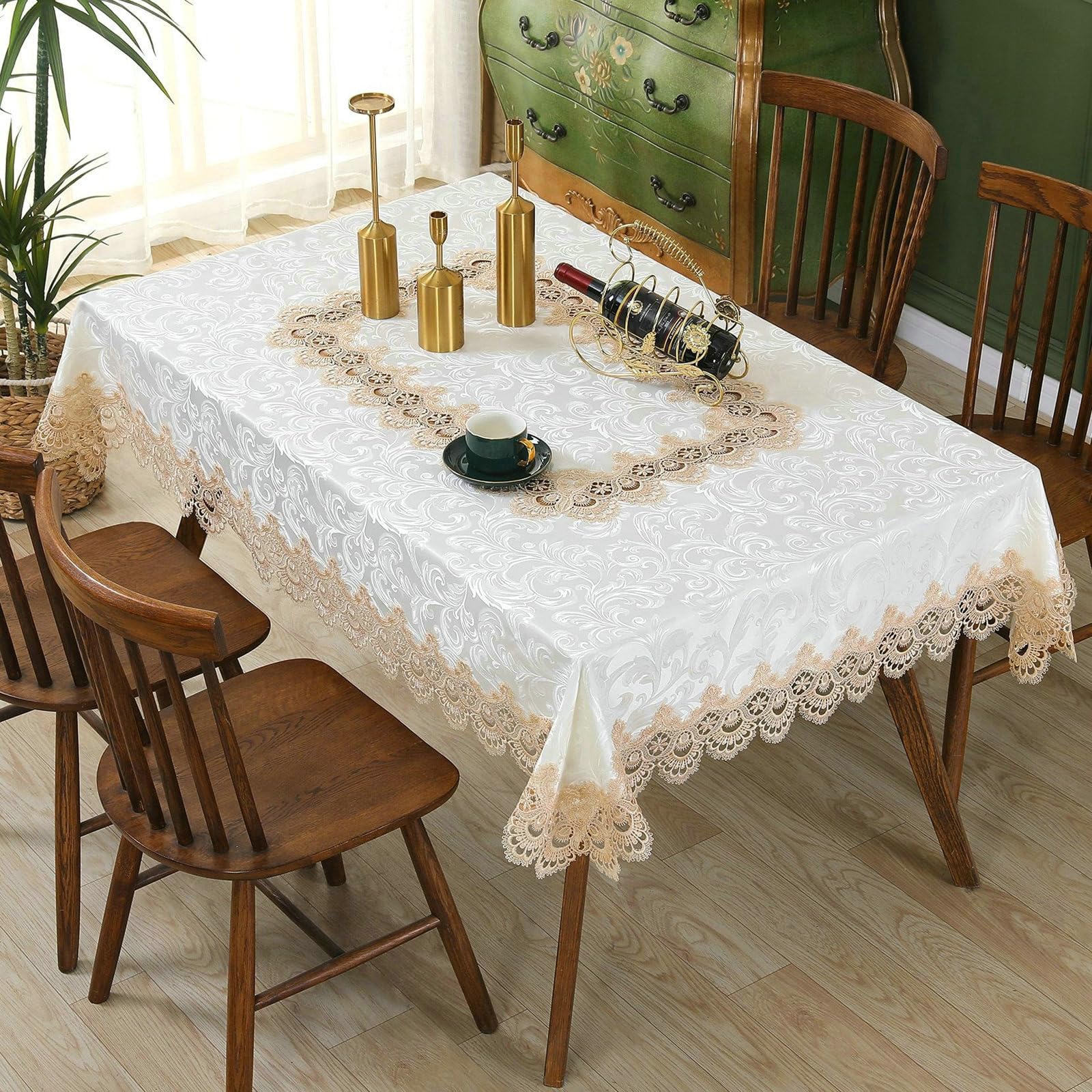 Tischdecke 150x220 cm, Spitze Stickerei Polyester, Weiß Kaffee