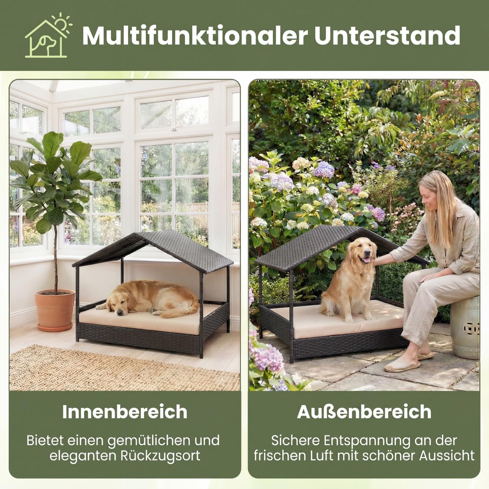 GYMAX Hundebett Outdoor, erhöhtes Hundeliege aus Rattan mit Kissen & Schrägdach, Haustierbett wetterfest für kleine & mittelgroße Hunde, 98 x 68 x 74 cm (Beige)