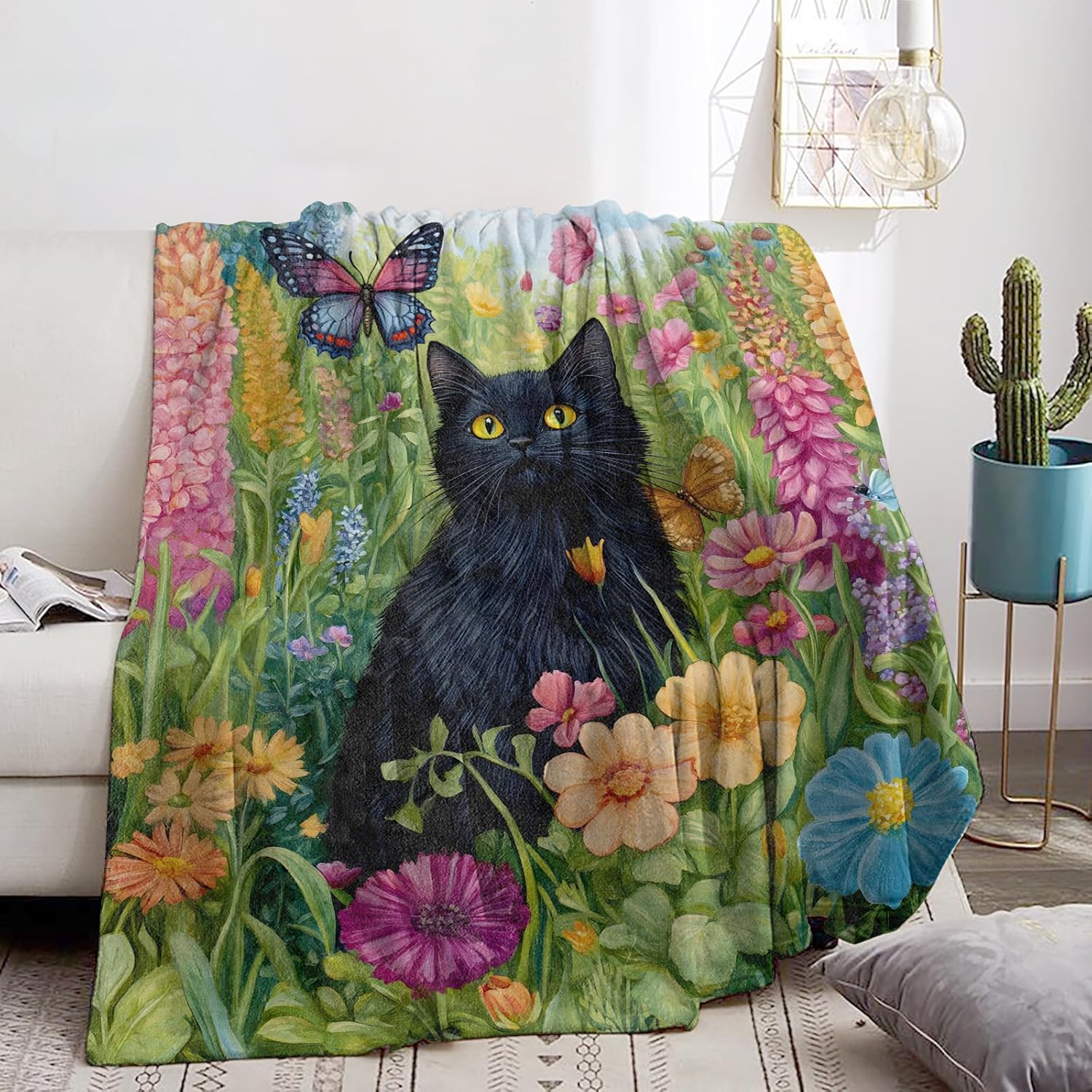 Charming Black Cat Blanket Soft Cozy Flannel Throw Blanket, Warm Lightweight Cute Kittens in Flowers Blankets for Travel, Couch, Bed, for Adults Women Girls, Fuzzy Outdoor Comfort Wrap 60"×50" - Image 2