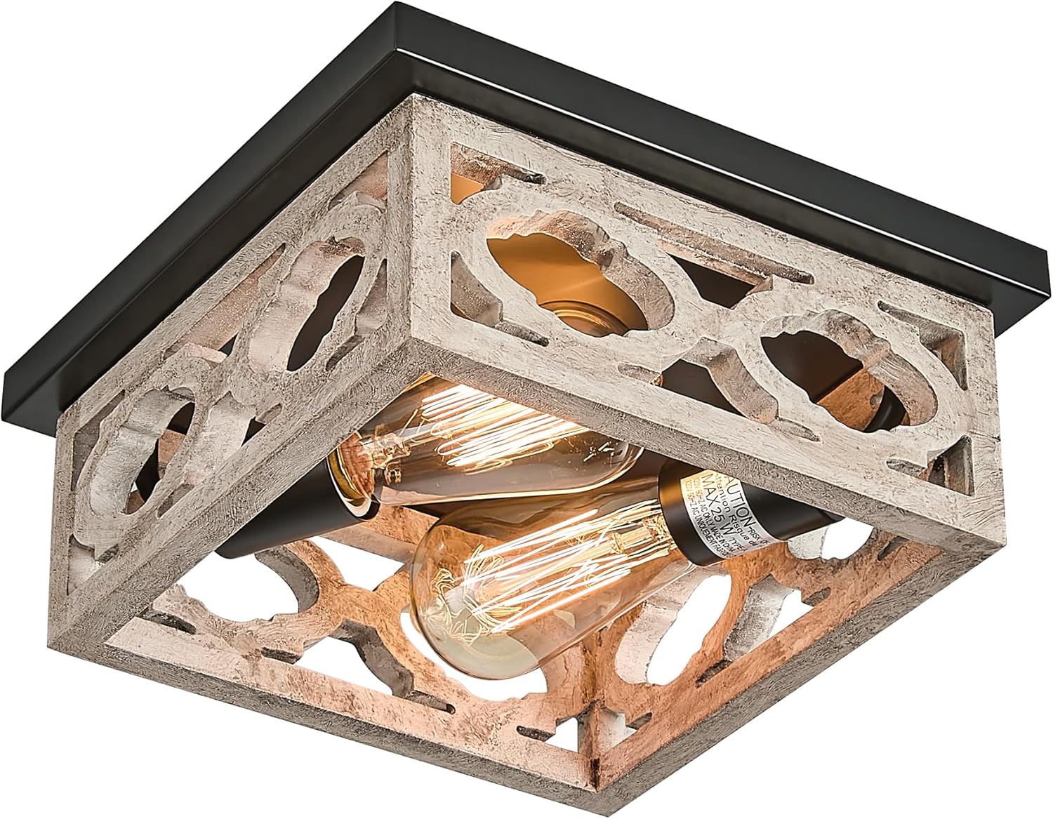 Farmhouse Flush Mount Ceiling Light, 10.5” Square Vintage Rustic Distressed White & Matte Black, MDF Shade Fixture for Livingroom, Bedroom, Kitchen, Hallway, Entryway, 2-Light E26