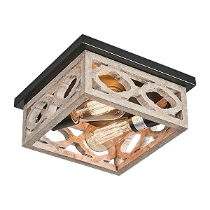 Farmhouse Flush Mount Ceiling Light 10 5 Square Vintage Rustic Distressed White Matte Black MDF Shade Fixture for
