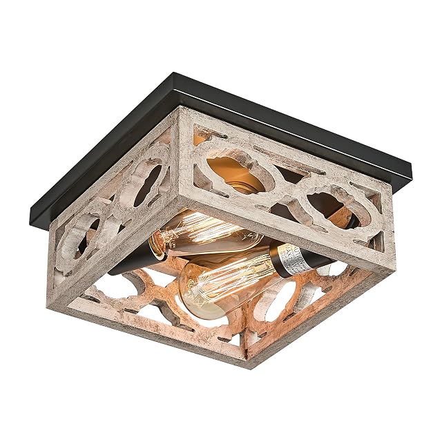 Farmhouse Flush Mount Ceiling Light 10 5 Square Vintage Rustic Distressed White Matte Black MDF Shade Fixture for