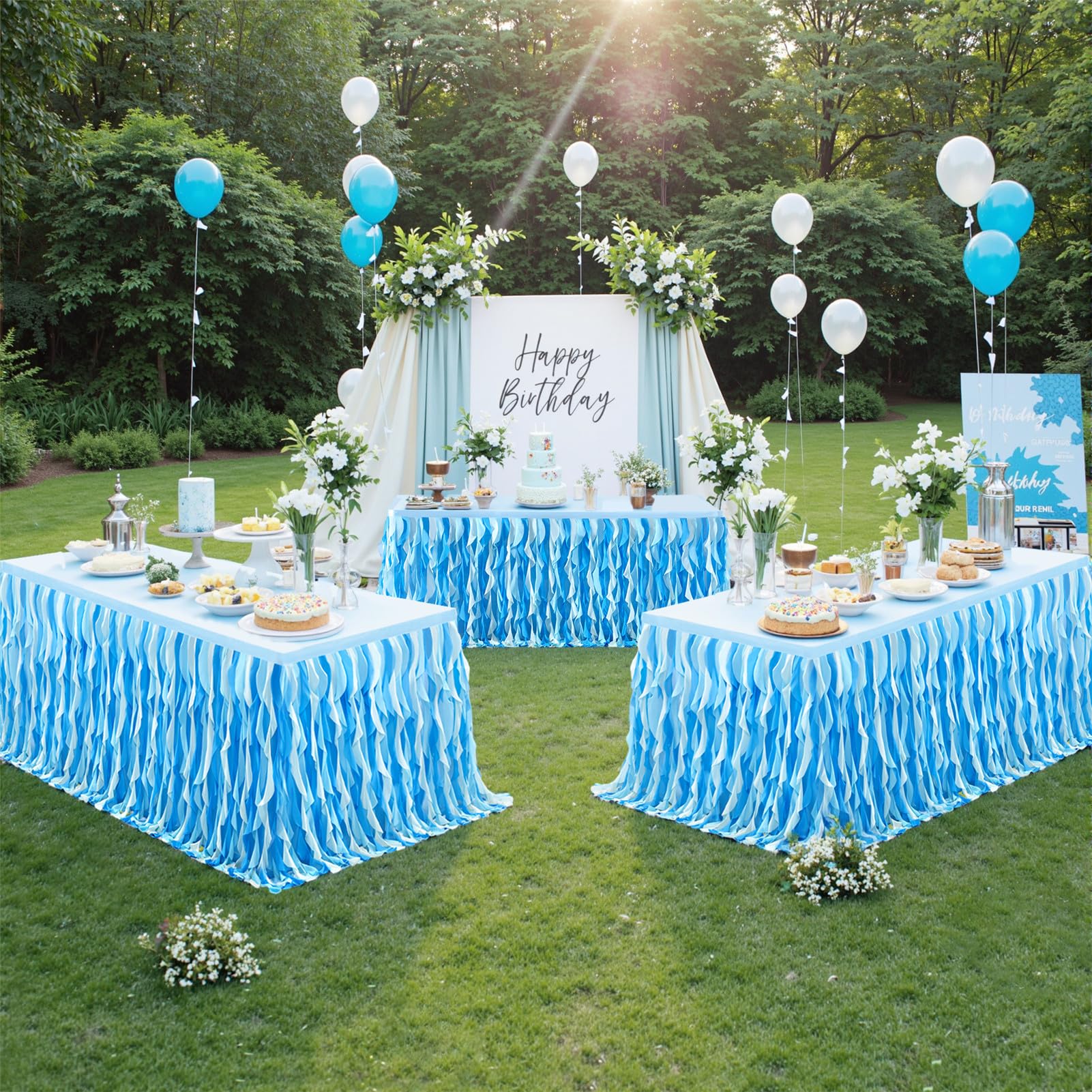 Plisowana tiulowa spódnica stołowa, zestaw 22 cm, niebieski obrus z falbanką, obrus na ślub, urodziny, baby shower, bankiet, przyjęcie, dekoracje, 2 szt., prostokątny obrus na stół