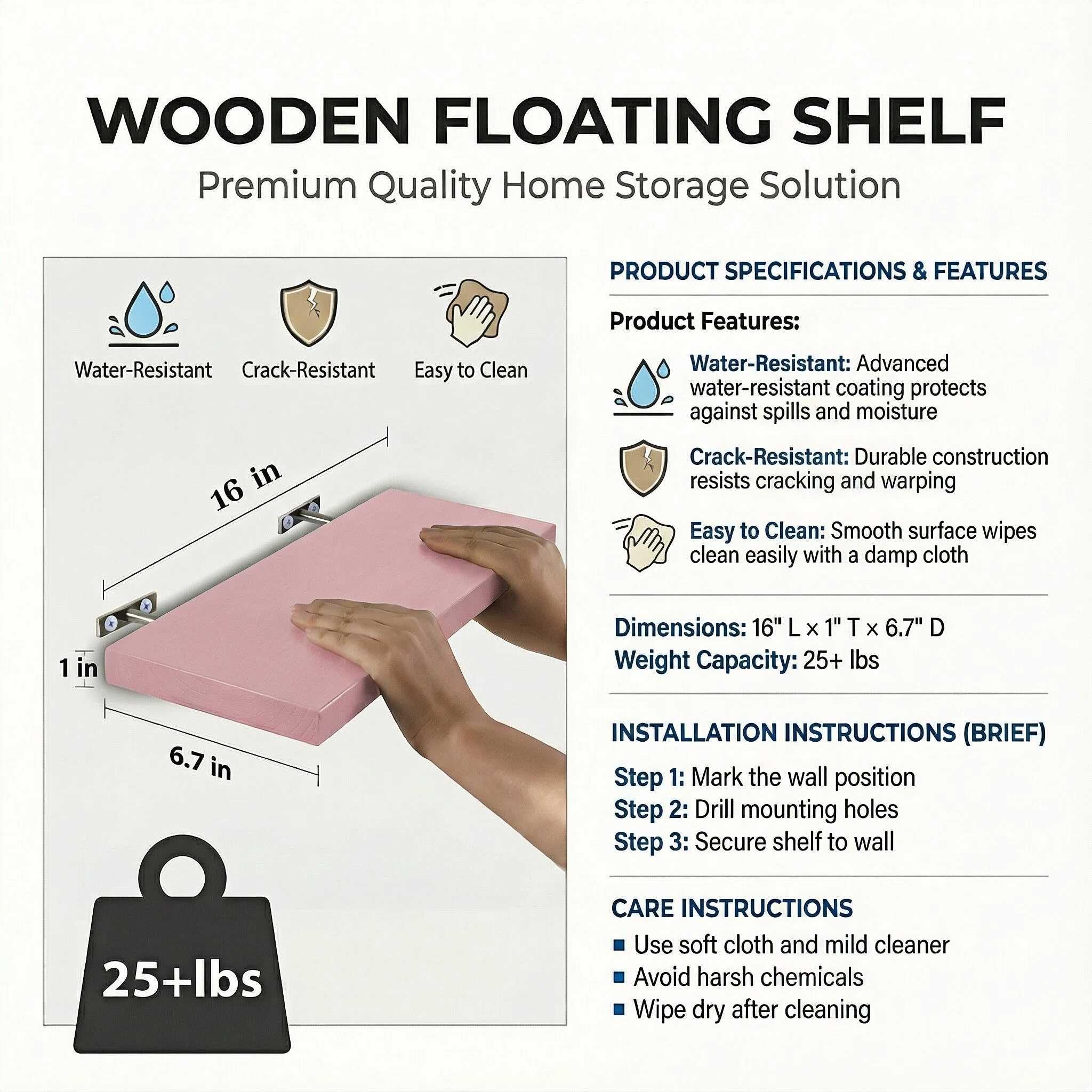 SAUMONIERES Juego de 3 estantes flotantes de pared de madera maciza para baño, dormitorio, cocina, estantes de pared rosados