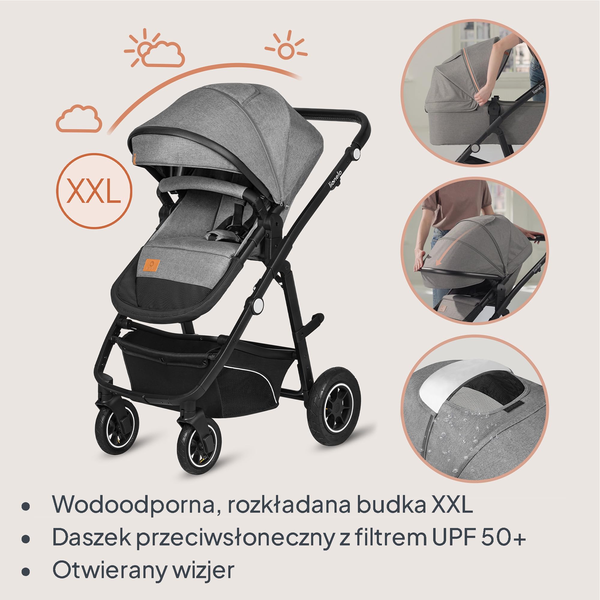 LIONELO BIANKA Wózek Spacerowy Dziecięcy 3 w 1 do 22 kg Gondola Fotelik Samochodowy do 13 kg, Składany, System Podróżny Regulacja Oparcia Koła 360o Amortyzacja, Daszek XXL (Szary) | Składany, system podróżny, regulacja oparcia, koła 360o amortyzator, osło