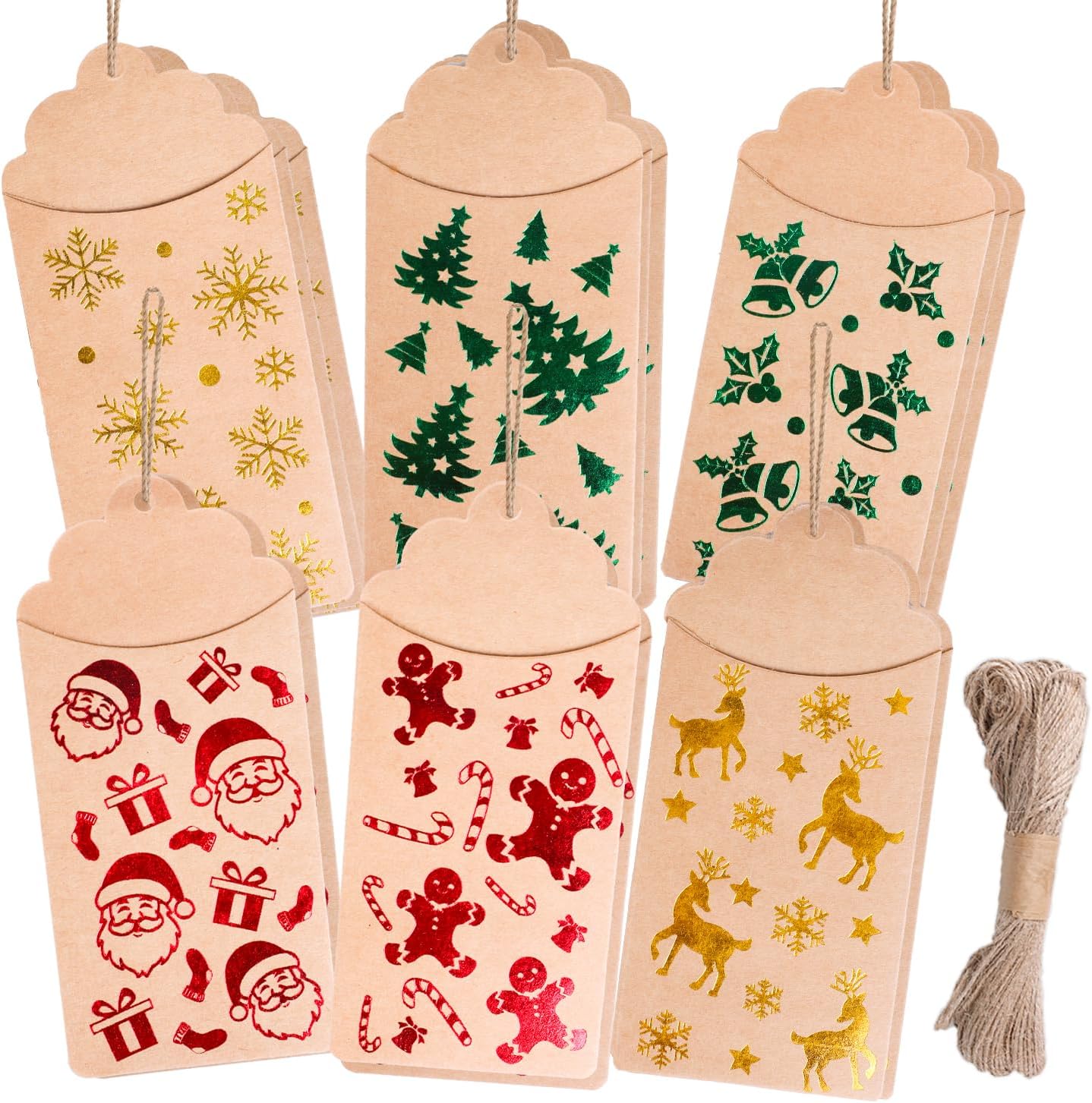 ZALAONChristmas Money Wallets,24 Pieces Xmas Gold Stamping Cash Card With String for Family Friends Kids and Decorations