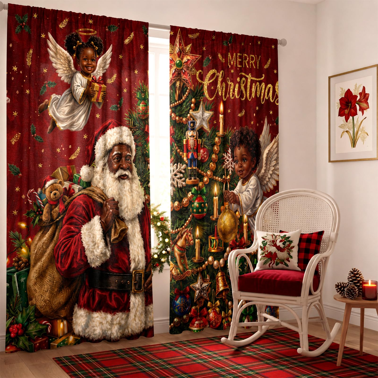 SmoothNovelty 2 Pcs Christmas Black Santa Curtains for Living Room Angel