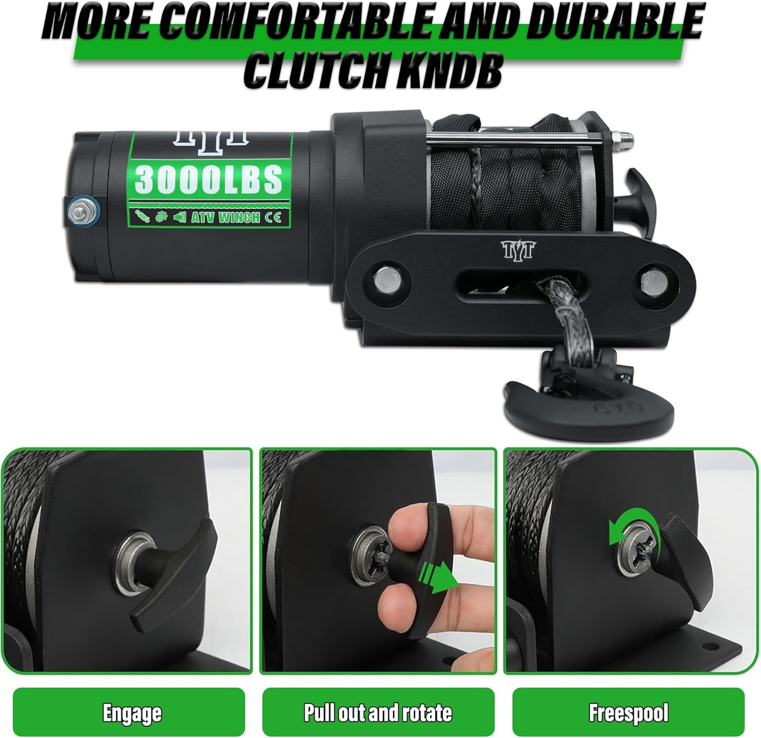 Three images demonstrating how to engage, pull out and rotate, and freespool the winch clutch knob.