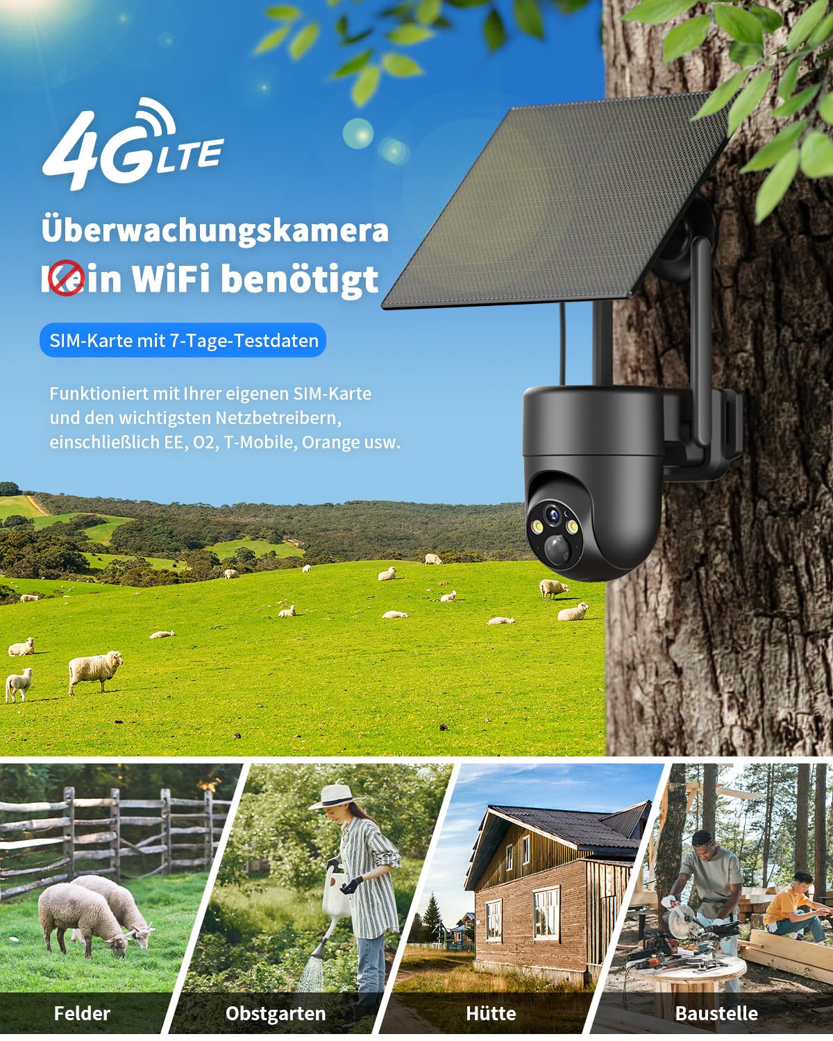 SEHMUA 4G LTE Überwachungskamera Aussen mit SIM Karte, 2K HD PTZ | Kamera Solar mit PIR-Erkennung, 2-Wege-Audio, Farbige Nachtsicht, IP66,Kabellos Kamera Ohne WLAN und 355°/100° Schwenkbar